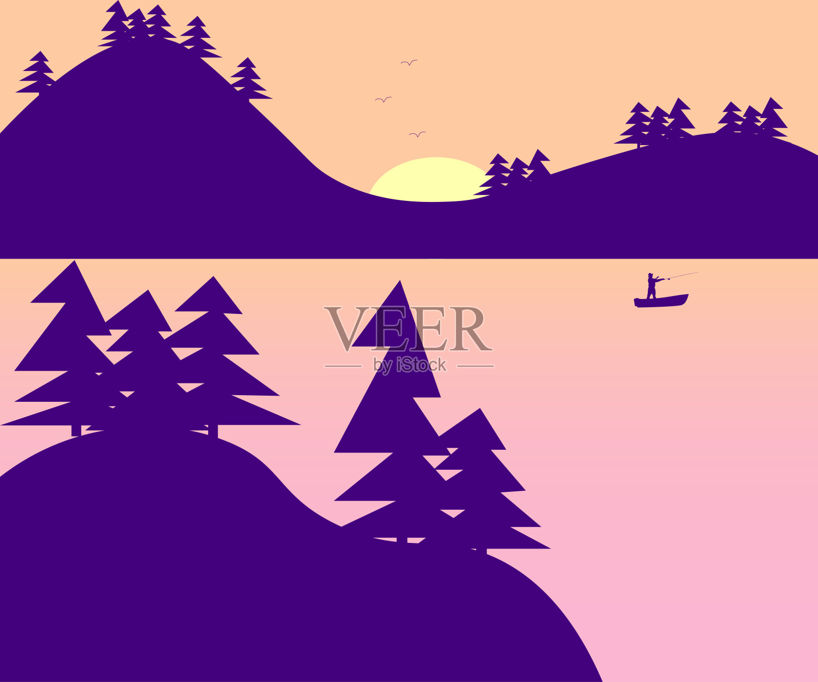 风景、河流、山脉、圣诞树和船上的渔夫插画图片素材