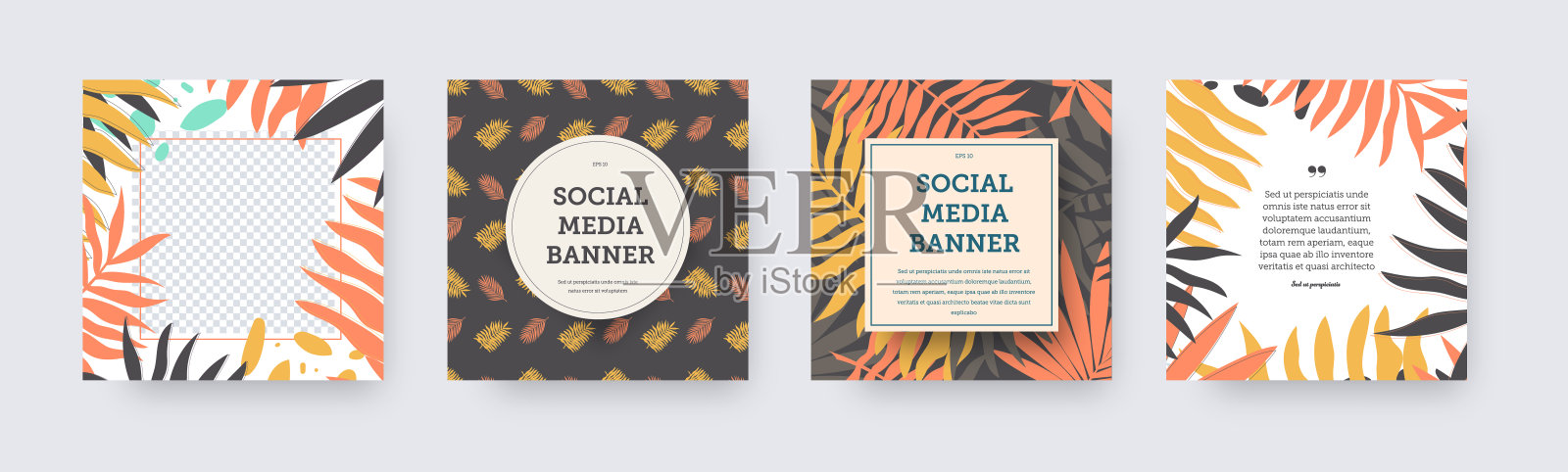 集合向量社交媒体横幅热带棕榈叶，在橙色，黄色，棕色的颜色，与创意无缝的背景插画图片素材