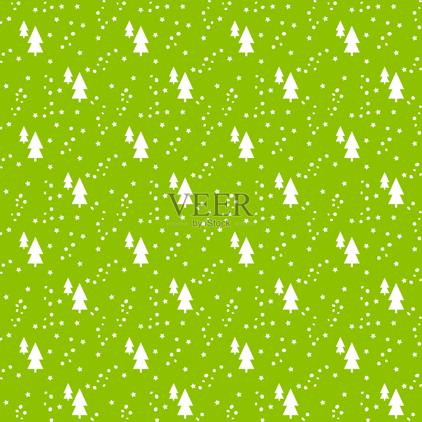 白色的圣诞树，星星，绿色背景上的点点。新年贺卡。矢量插图。无缝模式插画图片素材