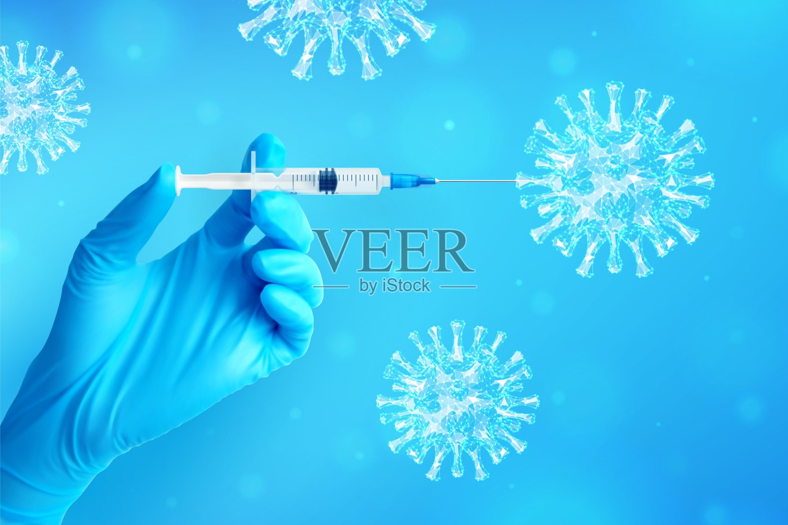 戴着医用蓝手套，拿着注射疫苗的注射器。接种疫苗或免疫概念。注射器在手和病毒细胞。COVID-19冠状病毒疫苗。向量现实的例证。插画图片素材