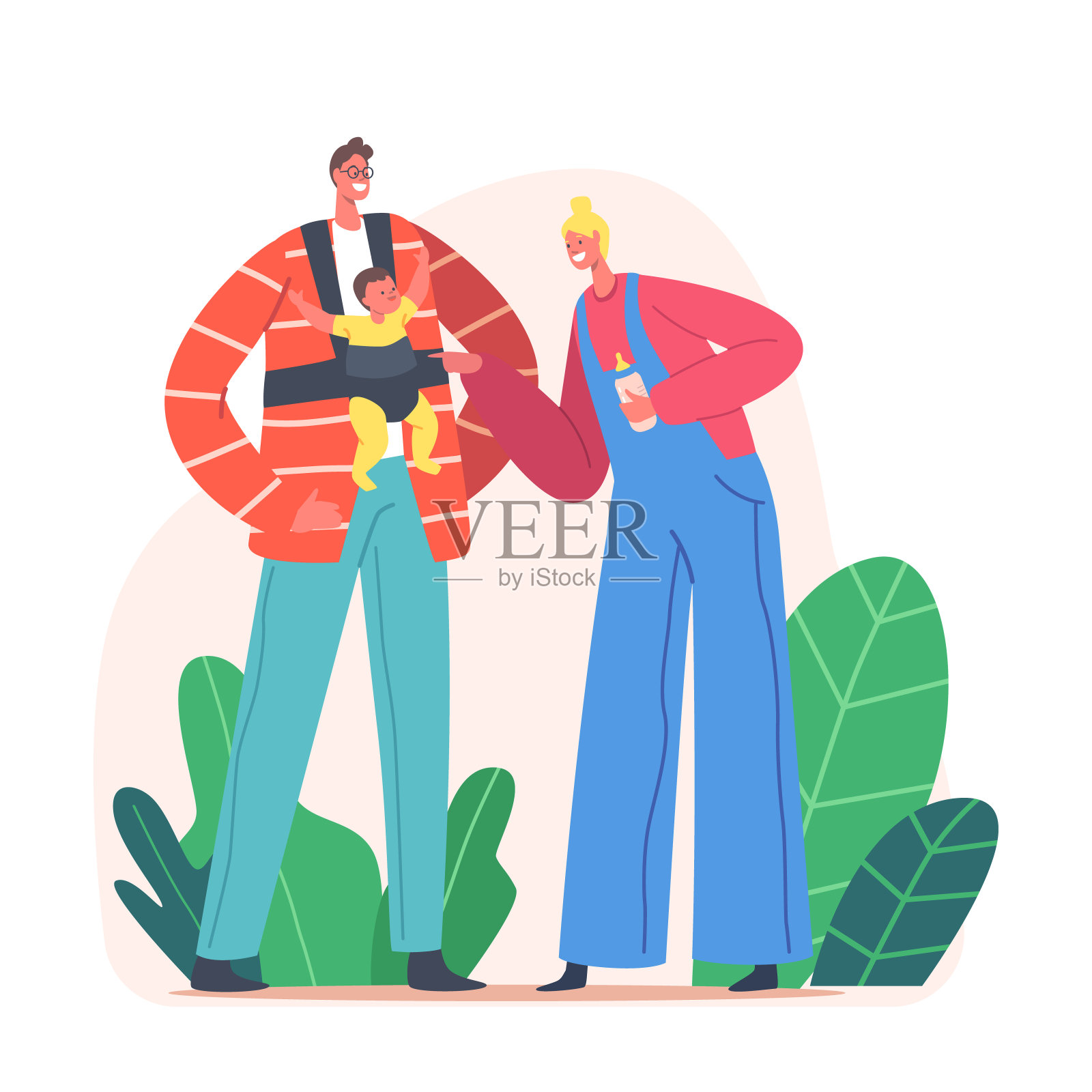 年轻的家庭和宝宝。母亲带着奶瓶喂奶，父亲带着新生儿坐在臀部上插画图片素材