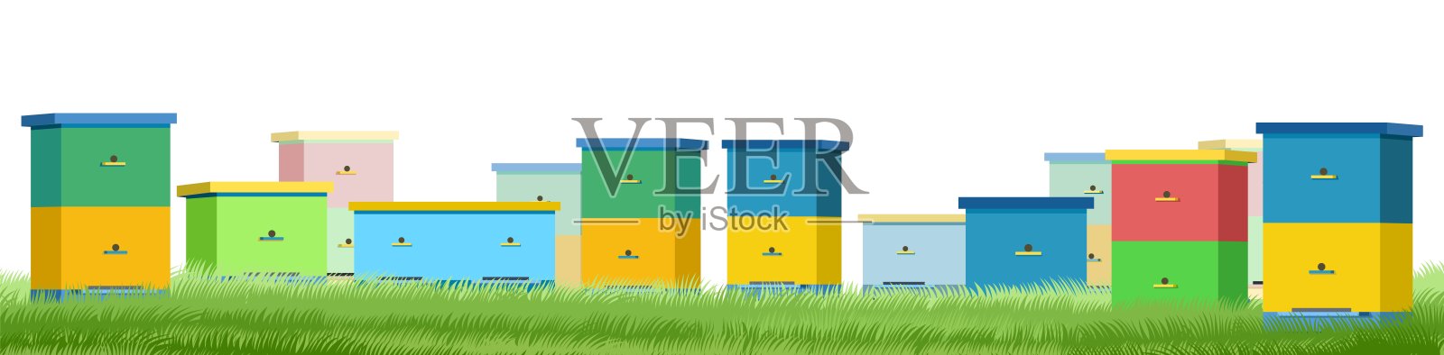 养蜂场。乡村农场的景观与多彩的蜂箱。更低的底部边界。雾。孤立在白色背景上。用蜂箱做的养蜂人插图。向量插画图片素材