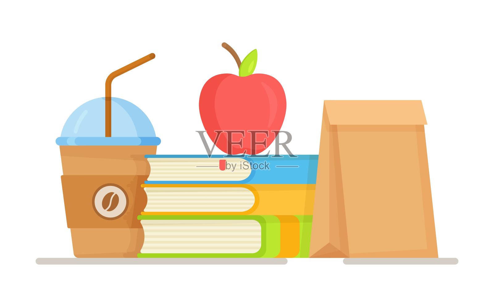 午餐盒与学校午餐。课间休息时在学校吃点快餐。重复做作业，喝咖啡或茶。插画图片素材