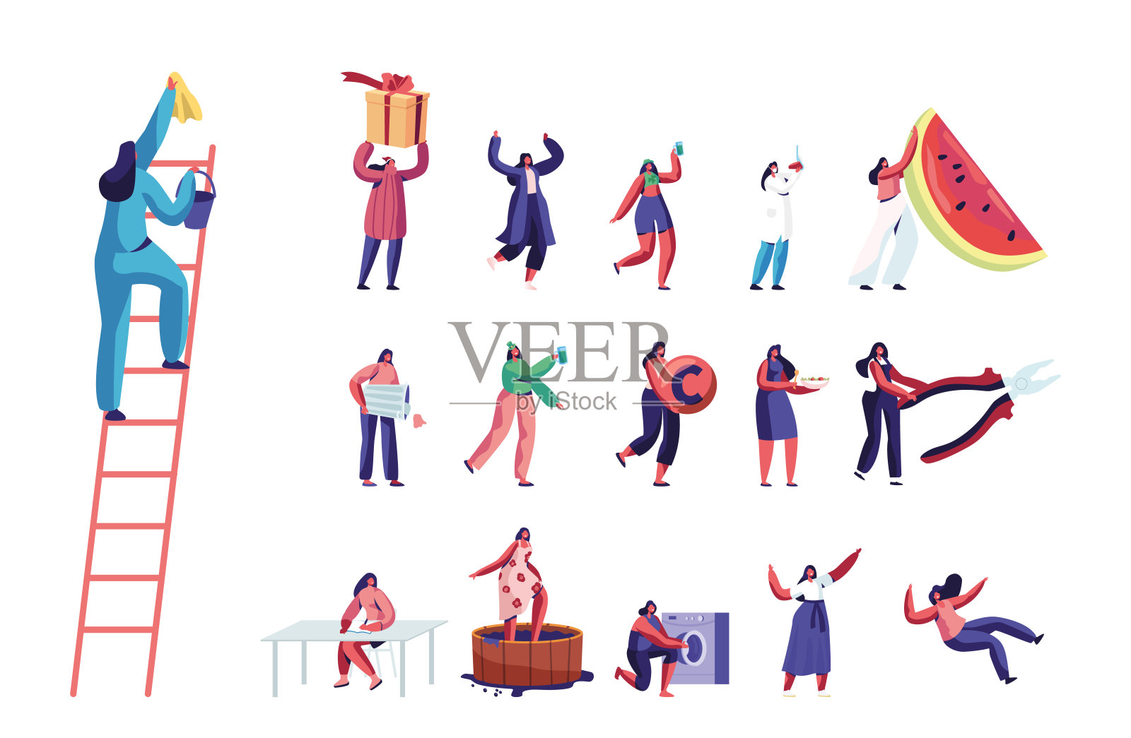 集女性角色清洁服务，护士，学生。小女人大西瓜片，帕特里克节服装插画图片素材