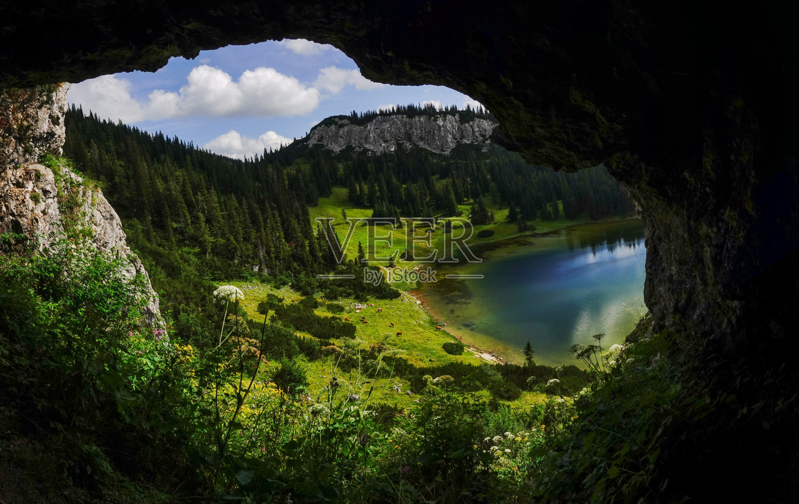 从一个洞穴到一个美丽的蓝色的山，湖，树木，小山和草地全景照片摄影图片