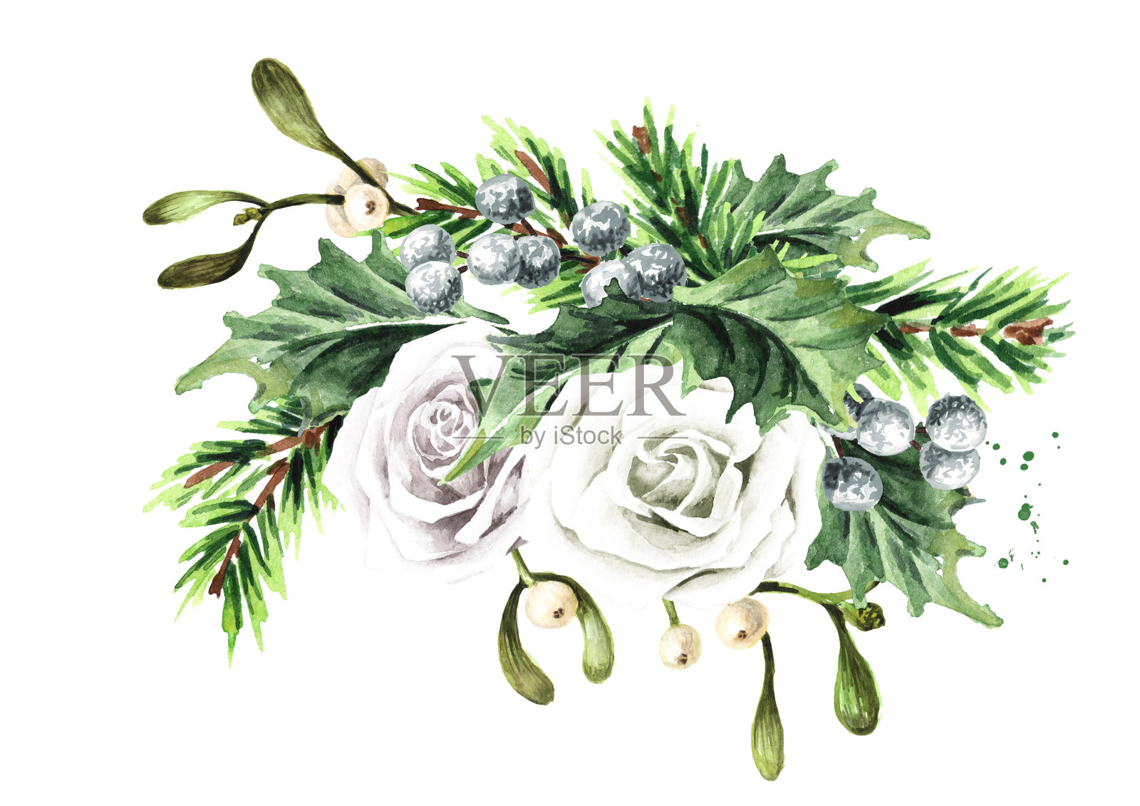 冬季婚礼花束。手绘水彩插图孤立在白色的背景插画图片素材