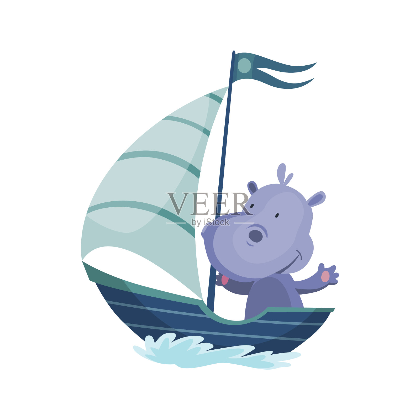 可爱的河马动物在船上航行设计元素图片