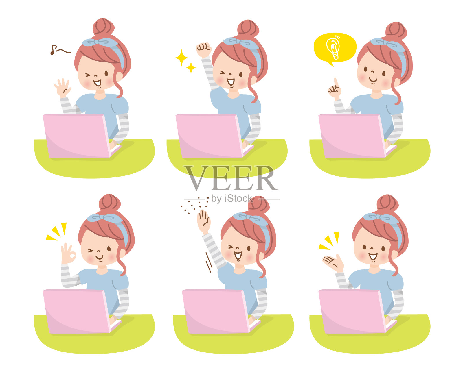 女孩操作电脑正面面部表情集插画图片素材