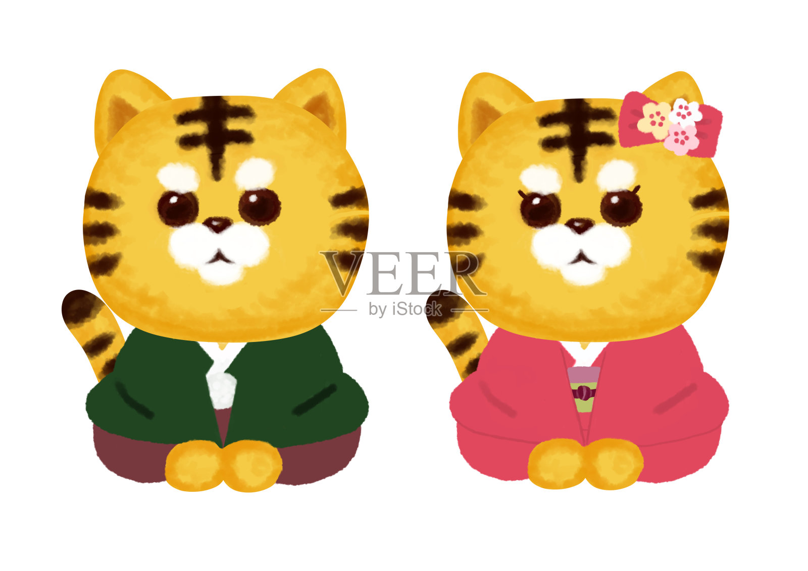 老虎女孩和男孩和服贺岁卡材料插画图片素材