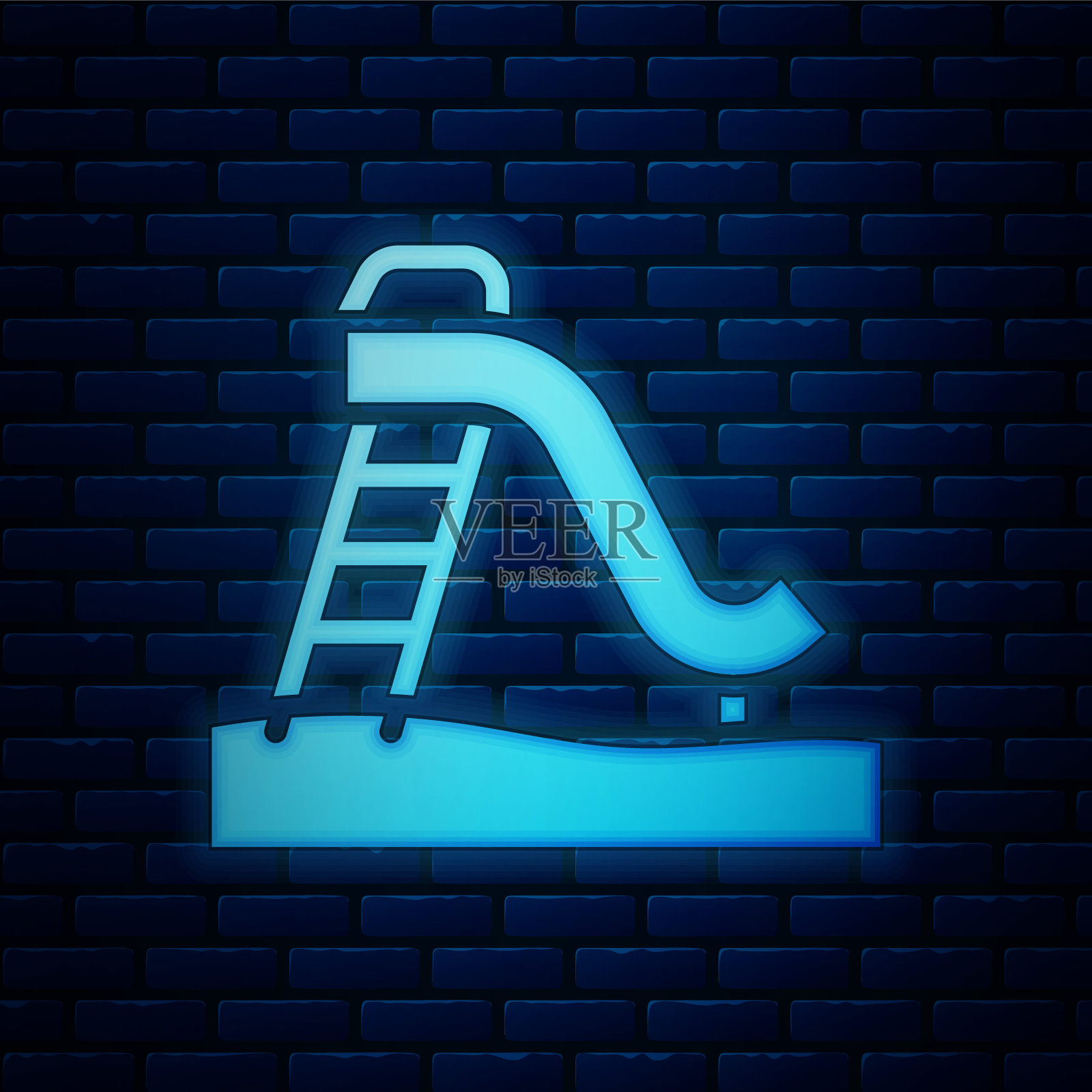 发光的霓虹灯小孩幻灯片图标孤立在砖墙背景。儿童幻灯片。向量插画图片素材