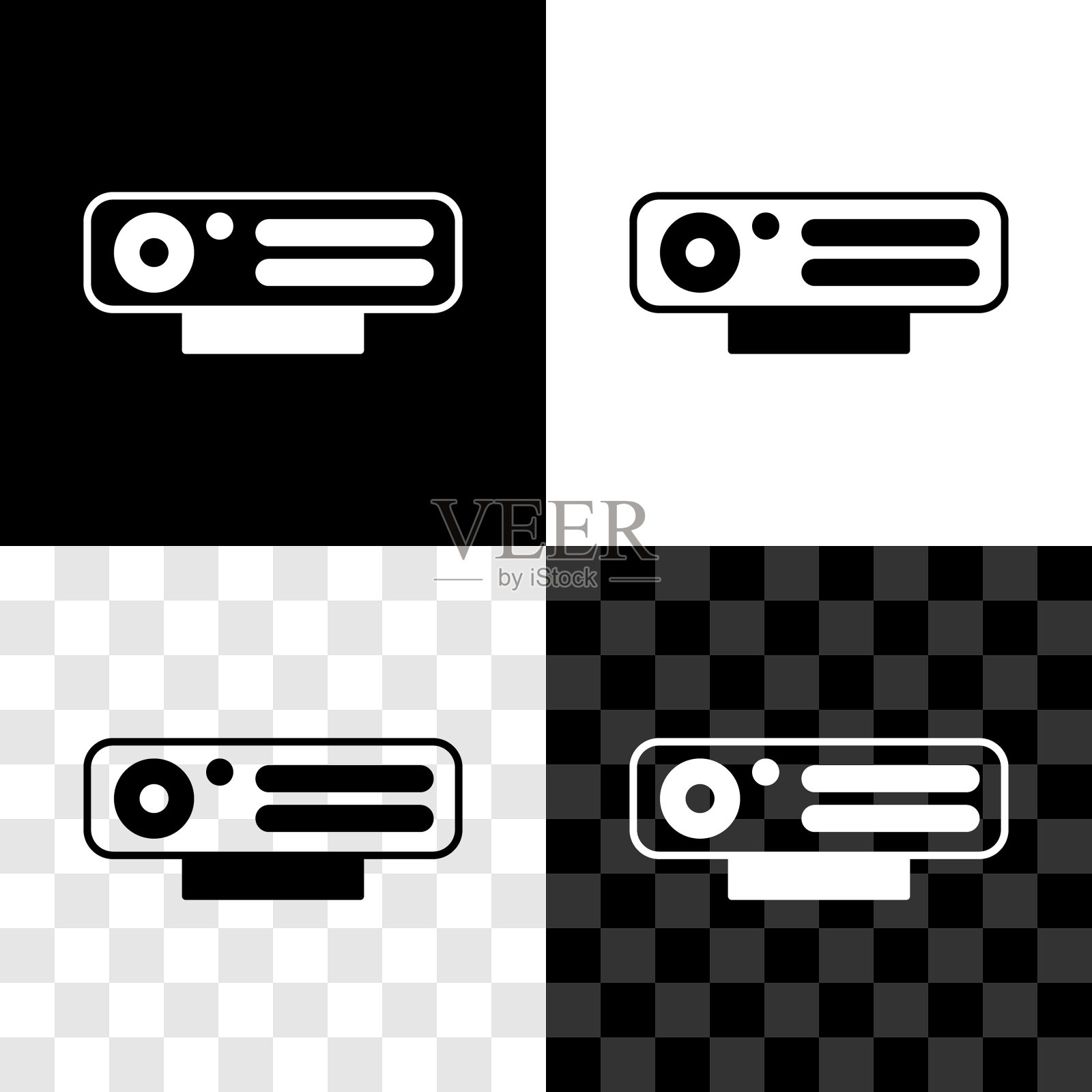 设置网络摄像头图标隔离在黑色和白色，透明的背景。摄像头聊天。摄像头图标。向量插画图片素材