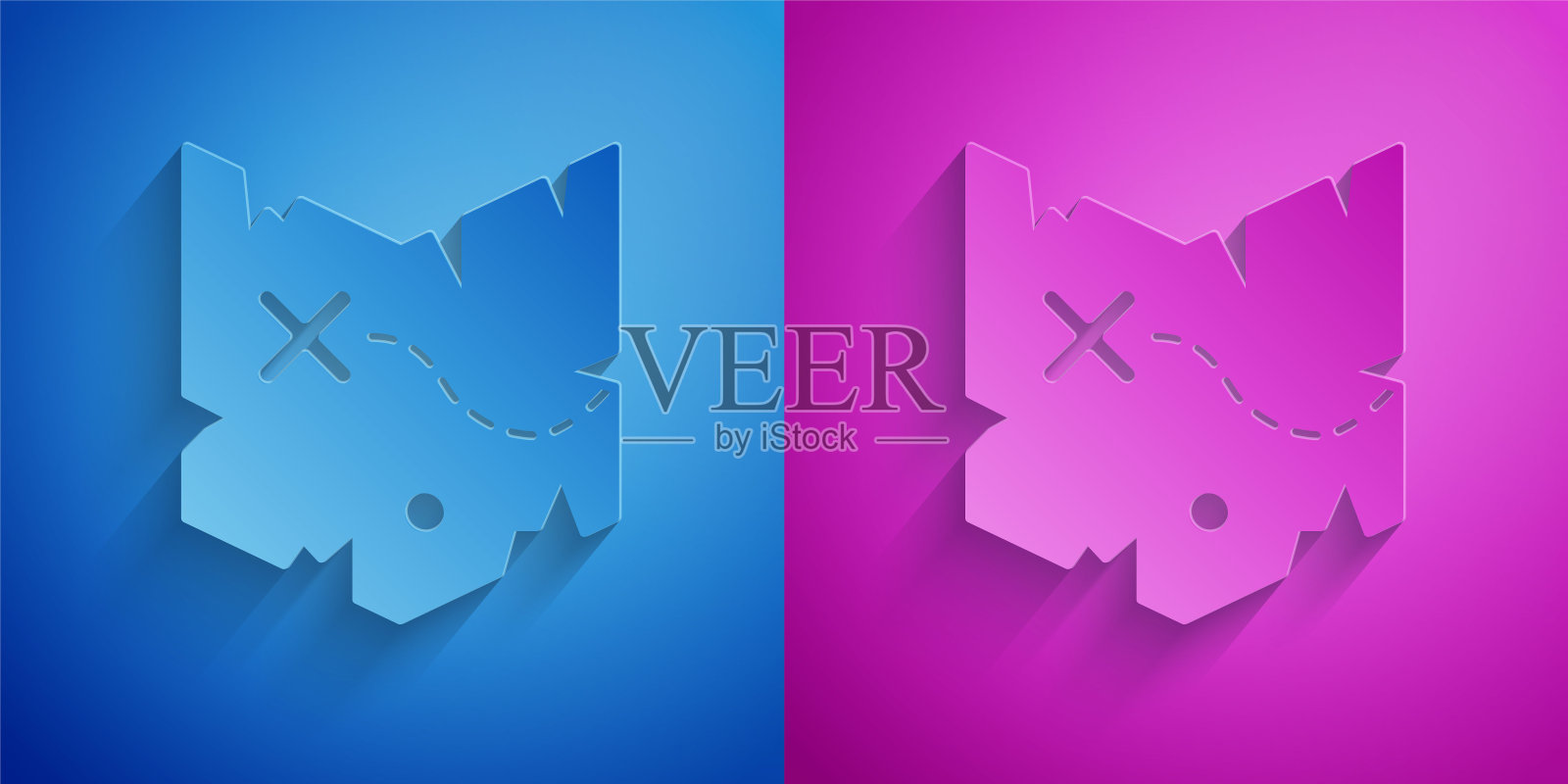 剪纸海盗藏宝图图标孤立在蓝色和紫色的背景。纸艺术风格。向量插画图片素材