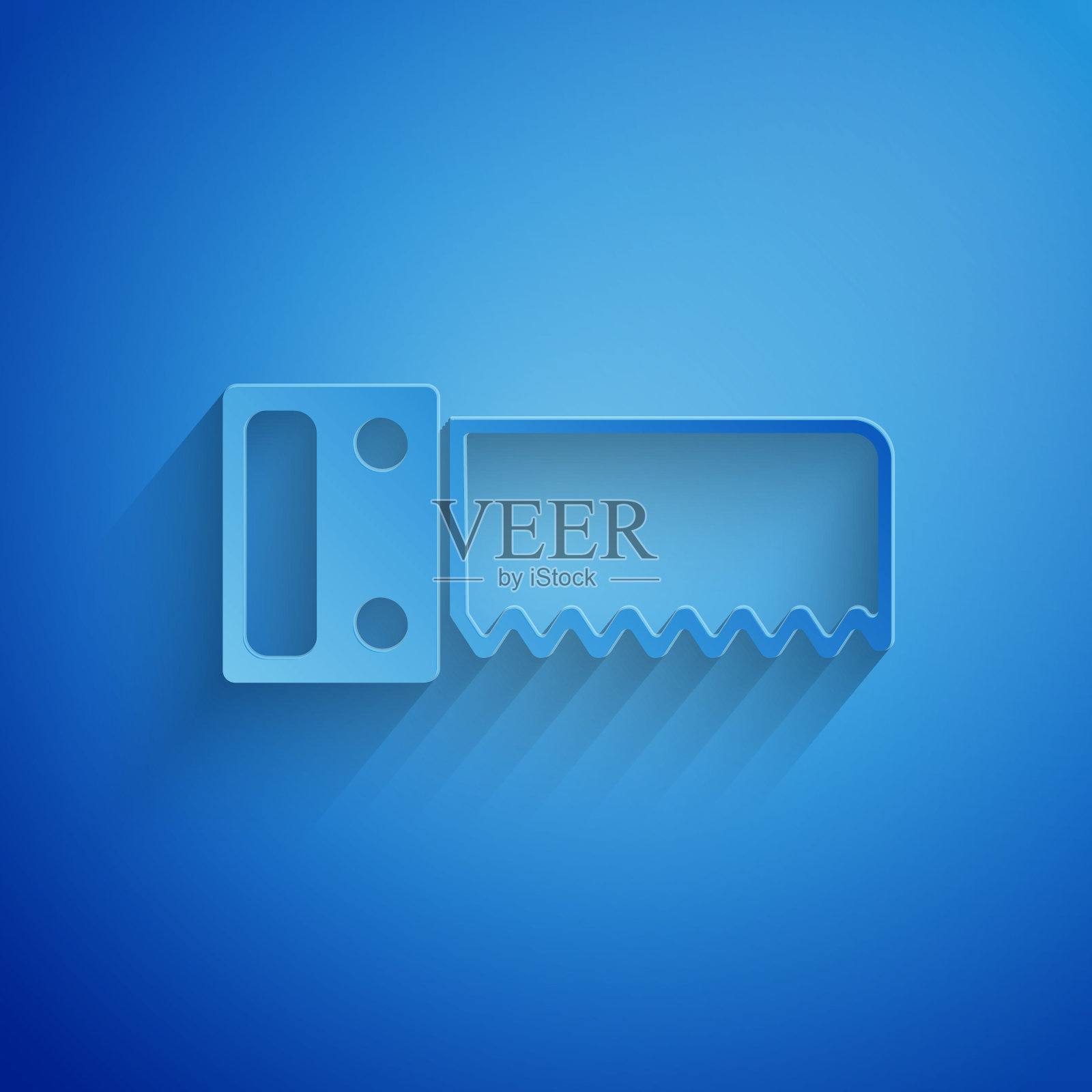 剪纸手锯图标孤立在蓝色背景。纸艺术风格。向量图标素材