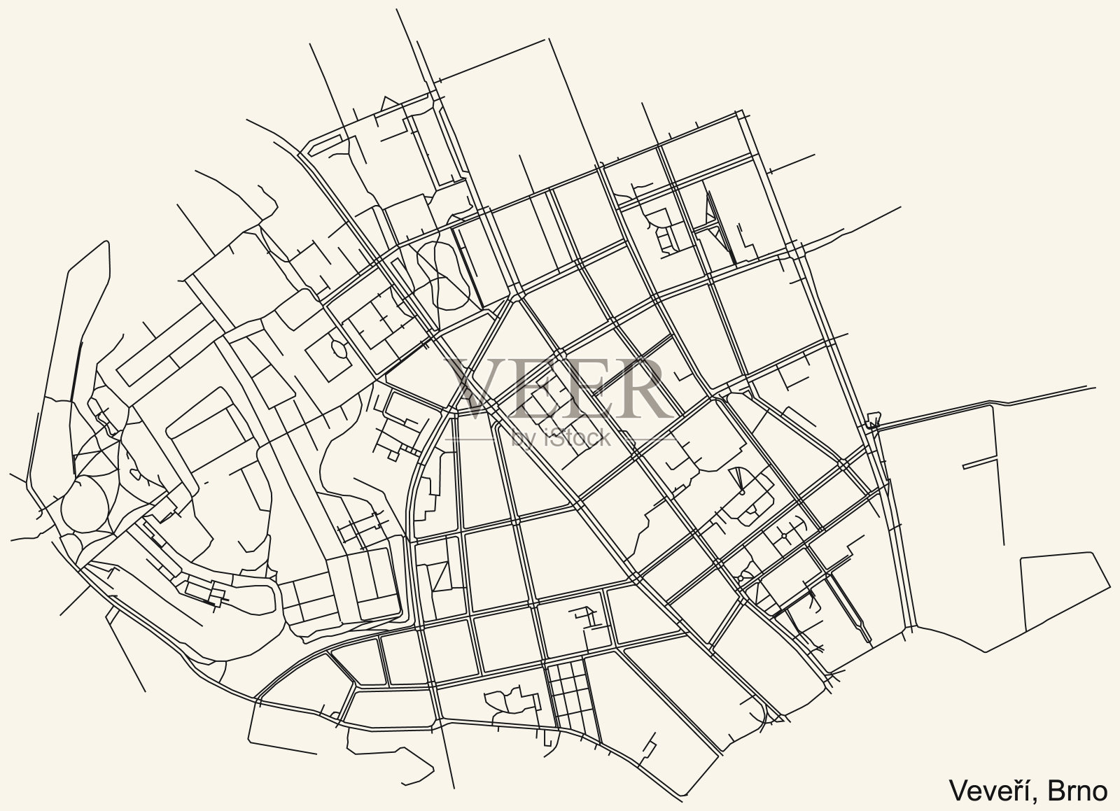 捷克共和国布尔诺Veveří地籍区街道地图插画图片素材