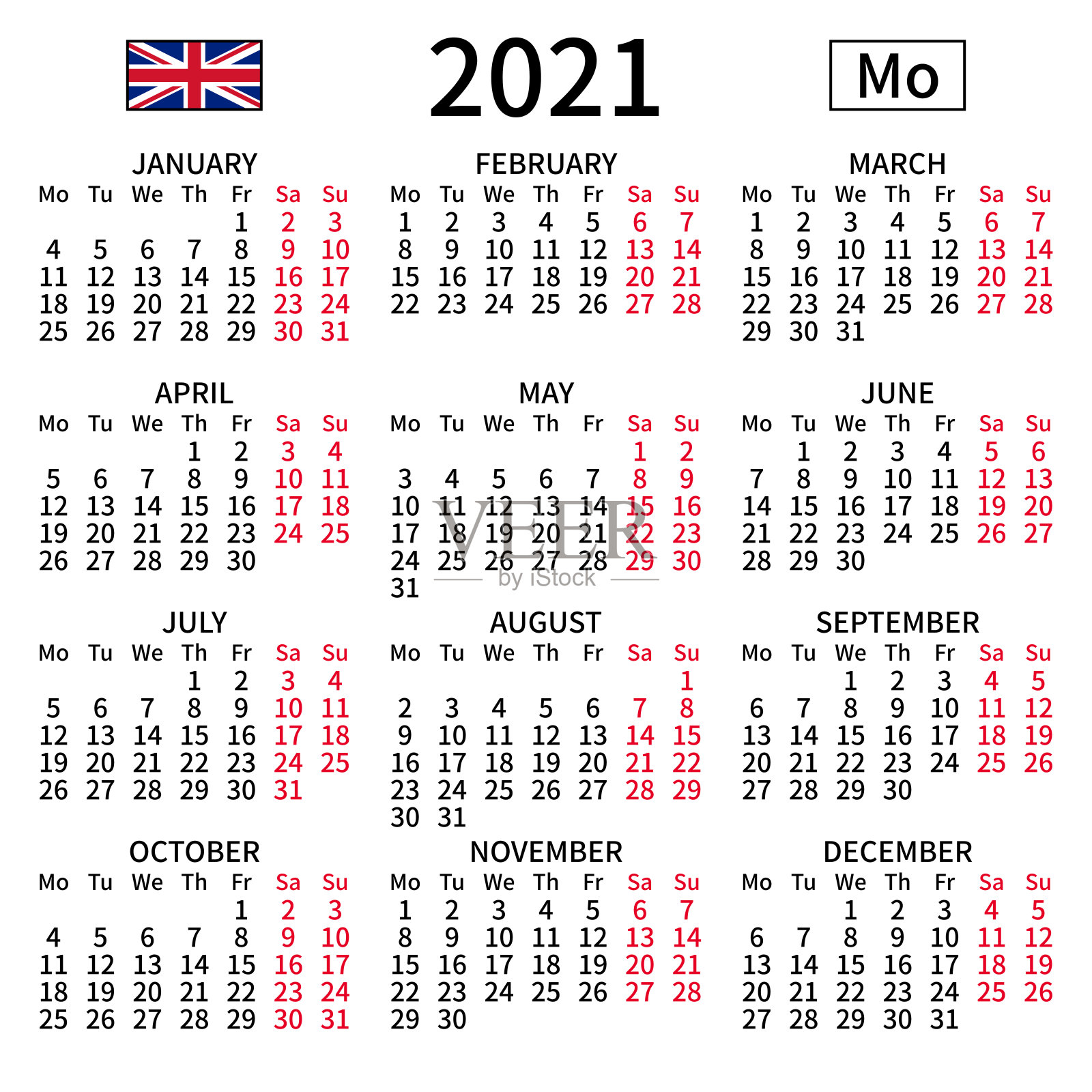 英语日历2021年，周一设计模板素材