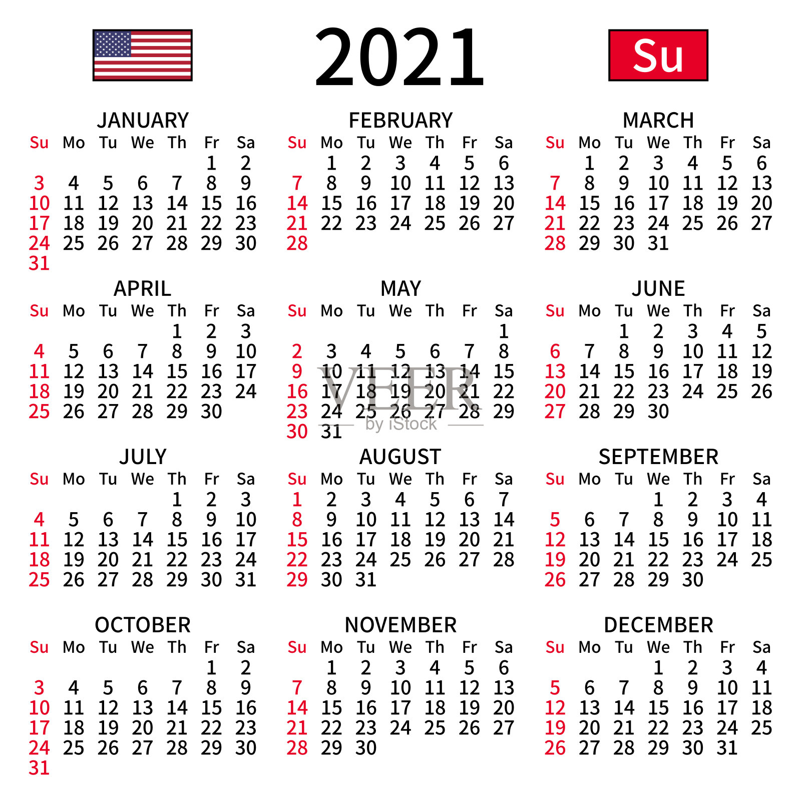 英语日历2021年，周日插画图片素材