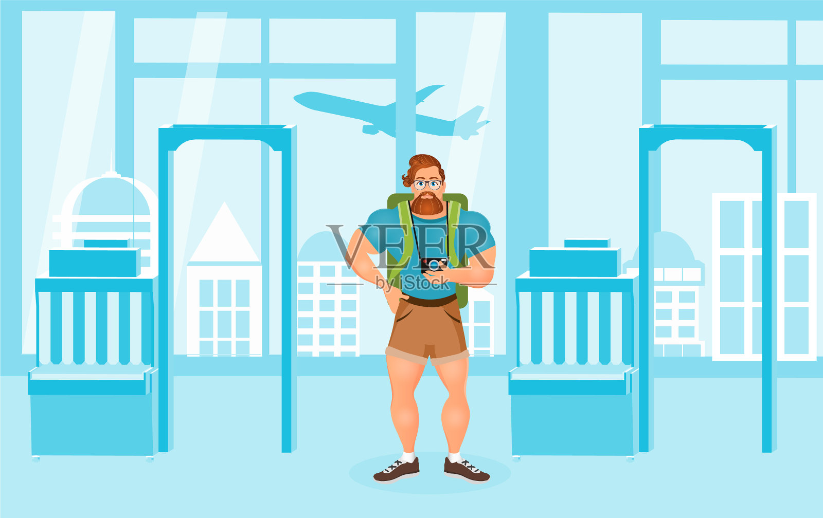 年轻的留着胡子戴着眼镜的嬉皮士插画图片素材