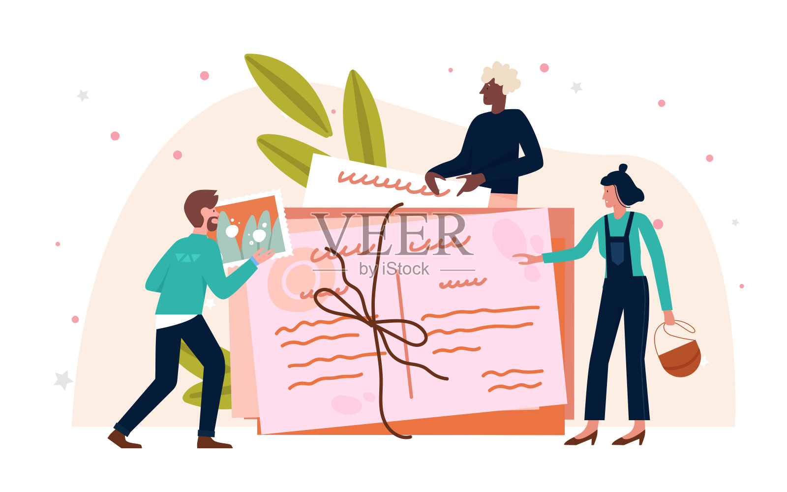 人们用印有邮票的纸信封写信，发电子邮件留言插画图片素材