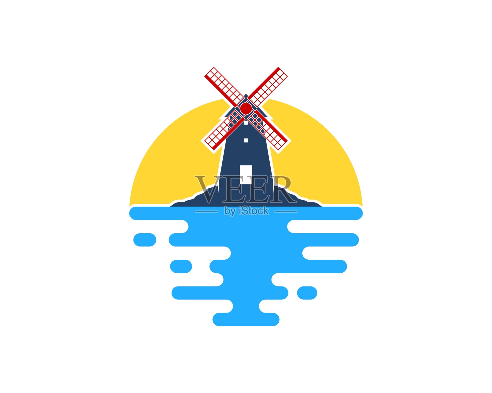 风车在抽象的大海和夕阳的后面插画图片素材