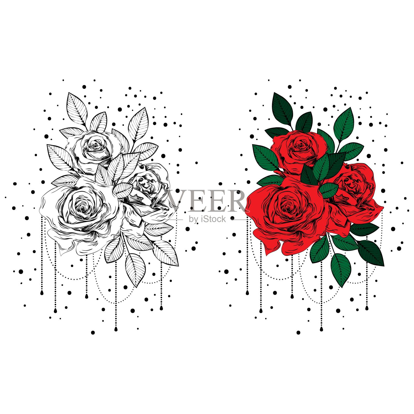 复古的玫瑰。哥特纹身。图形和颜色矢量插图的集合。插画图片素材