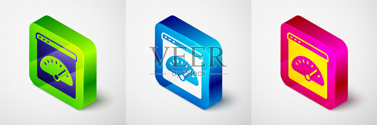 等距数字速度计图标隔离在灰色背景。全球网络高速连接数据速率技术。方形按钮。向量图标素材