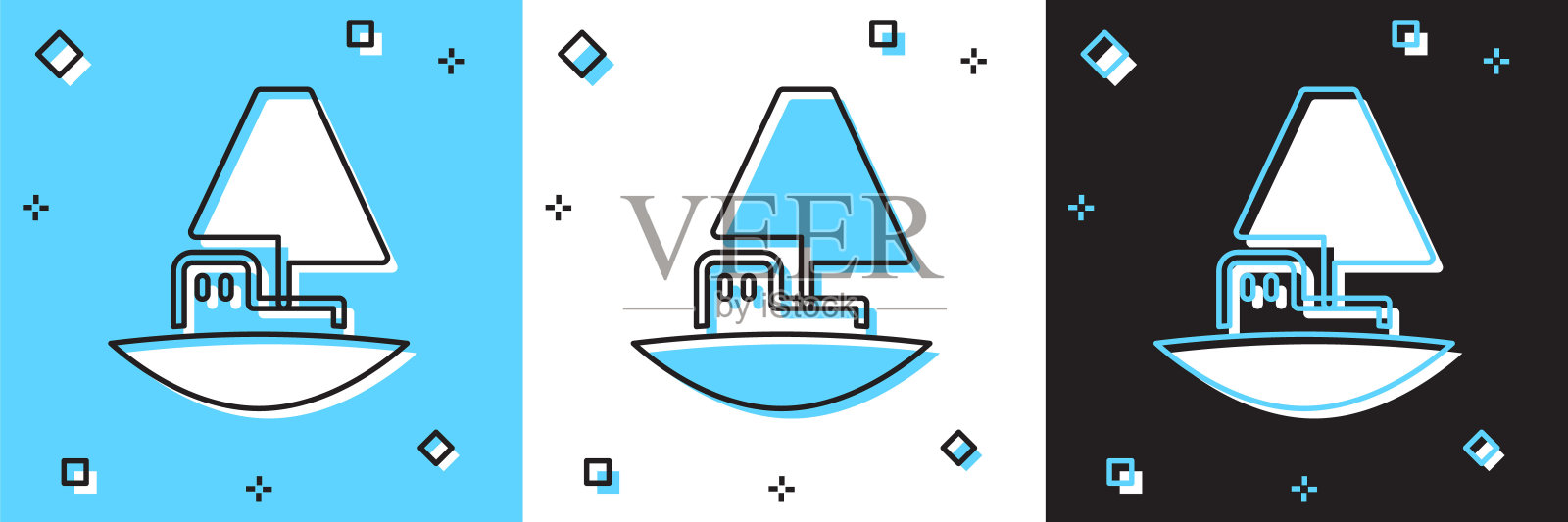 设置玩具船图标孤立在蓝色和白色，黑色背景。向量插画图片素材