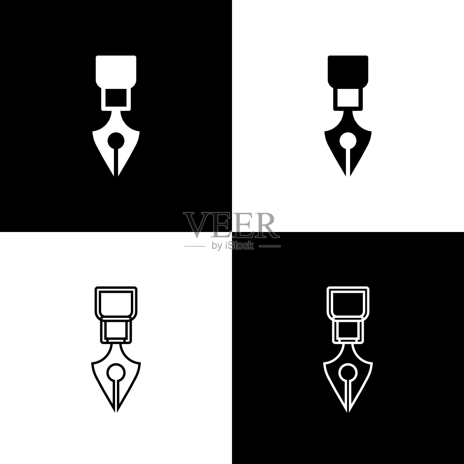 设置钢笔笔尖图标隔离在黑色和白色的背景。钢笔工具的迹象。向量图标素材