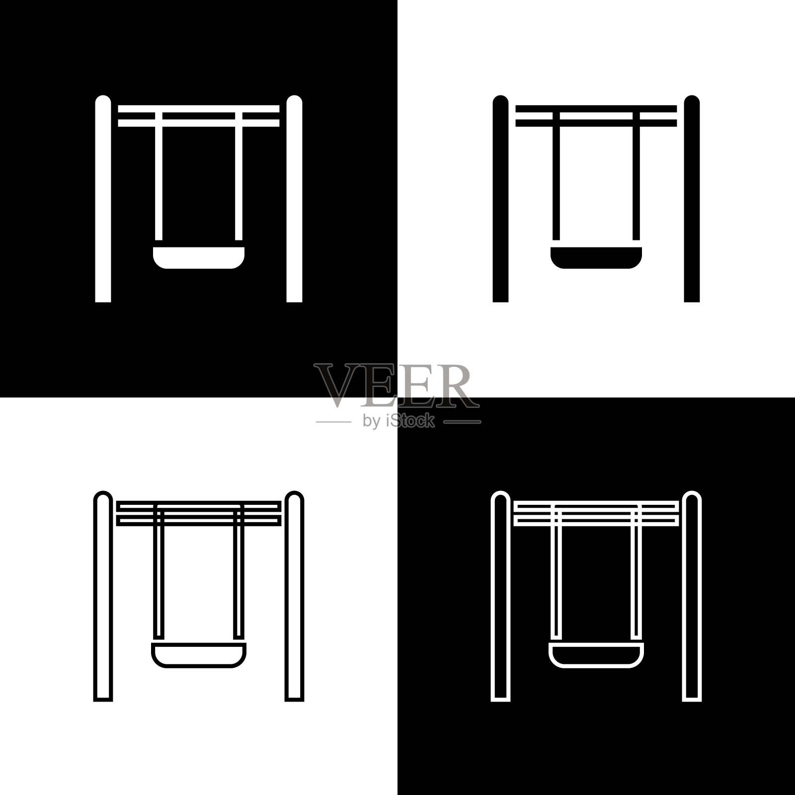 设置秋千为儿童夏季游戏在操场图标孤立在黑白背景。户外娱乐设备。向量图标素材