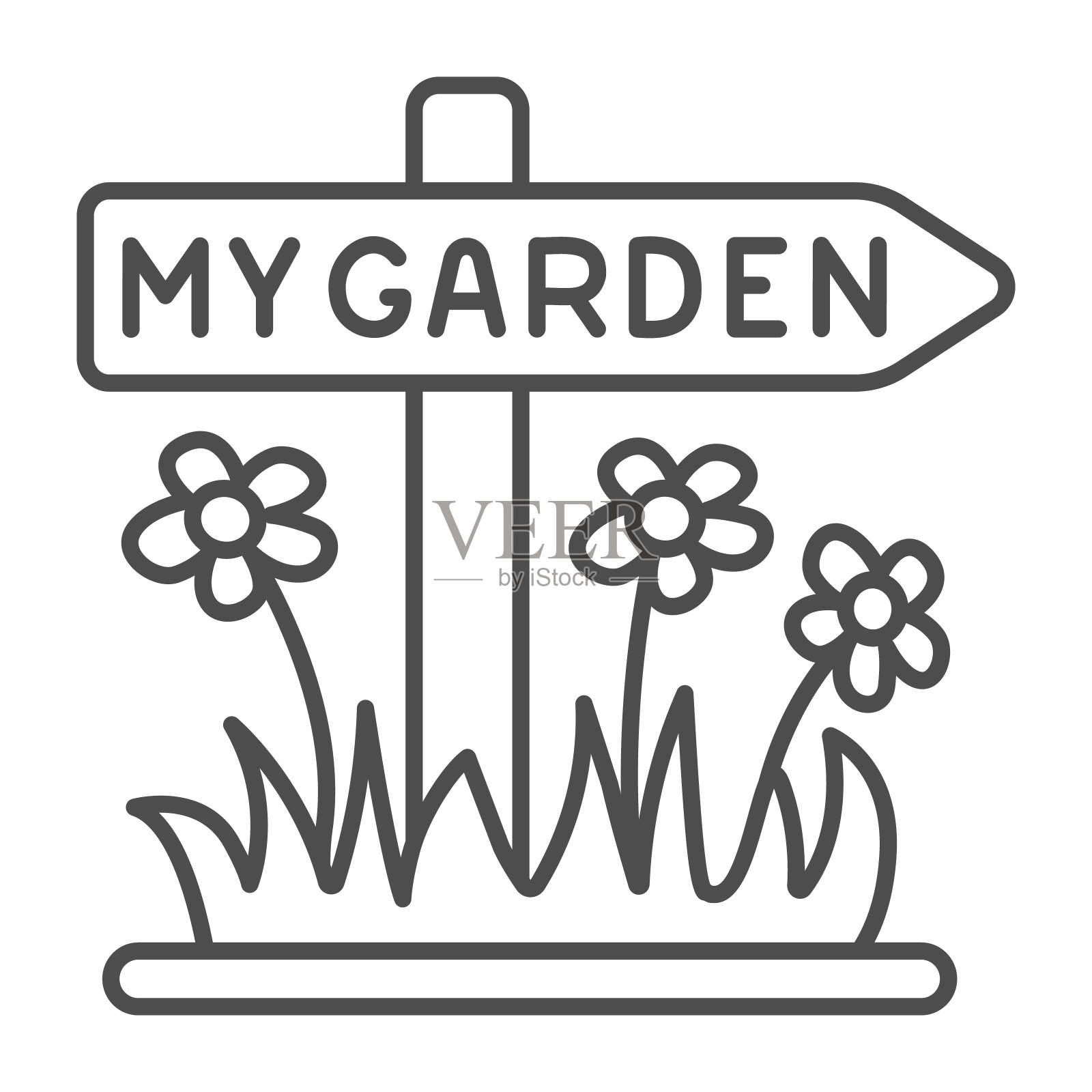 花园招牌，箭头标志与花细线图标，园艺概念，花园指针矢量标志在白色背景上，轮廓风格图标的移动概念和网页设计。矢量图形。插画图片素材