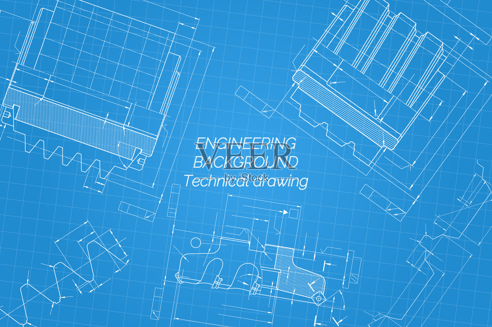 蓝色背景的机械工程图纸插画图片素材