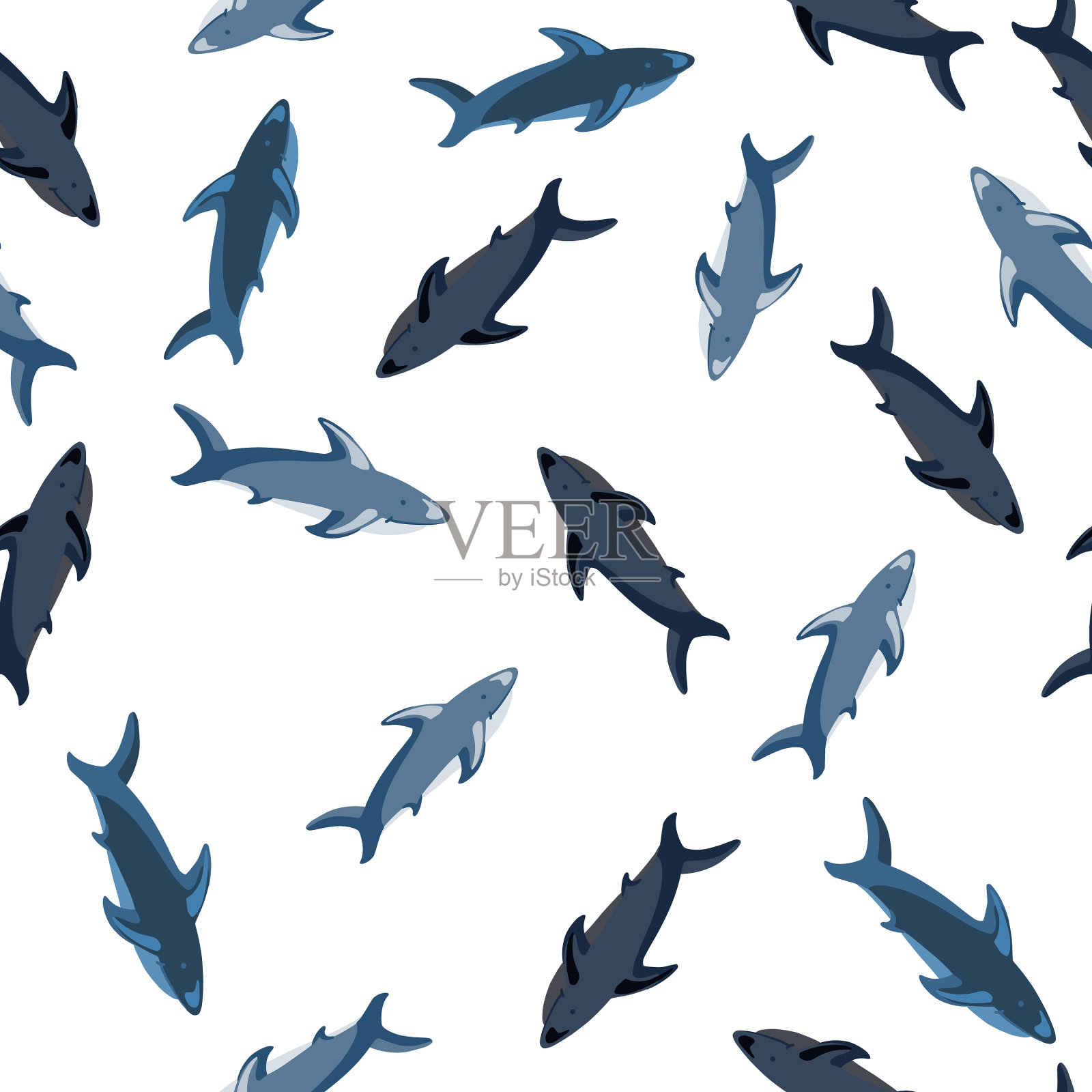 与随机的蓝鲨隔离的无缝模式插画图片素材