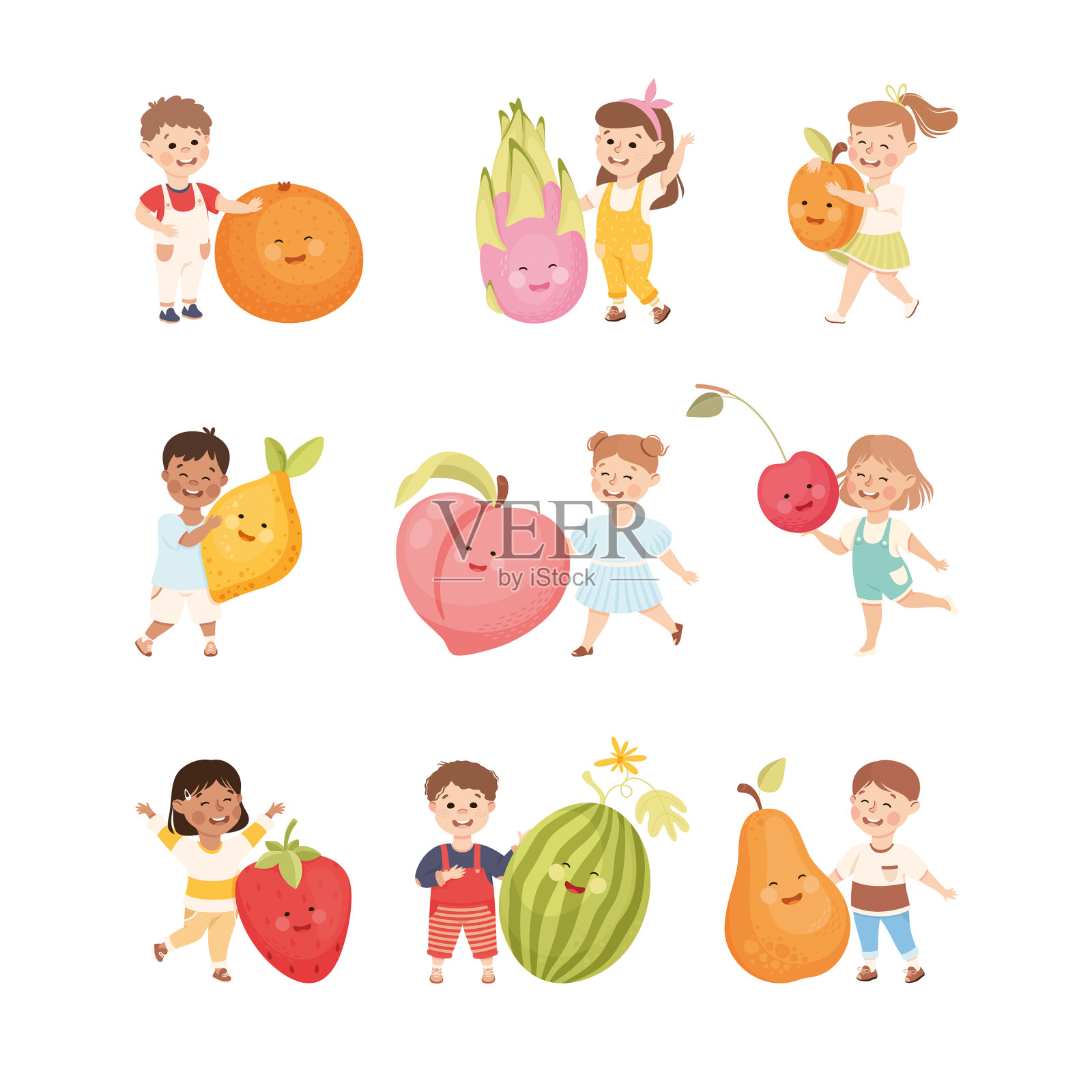 快乐的孩子与大水果互动插画图片素材