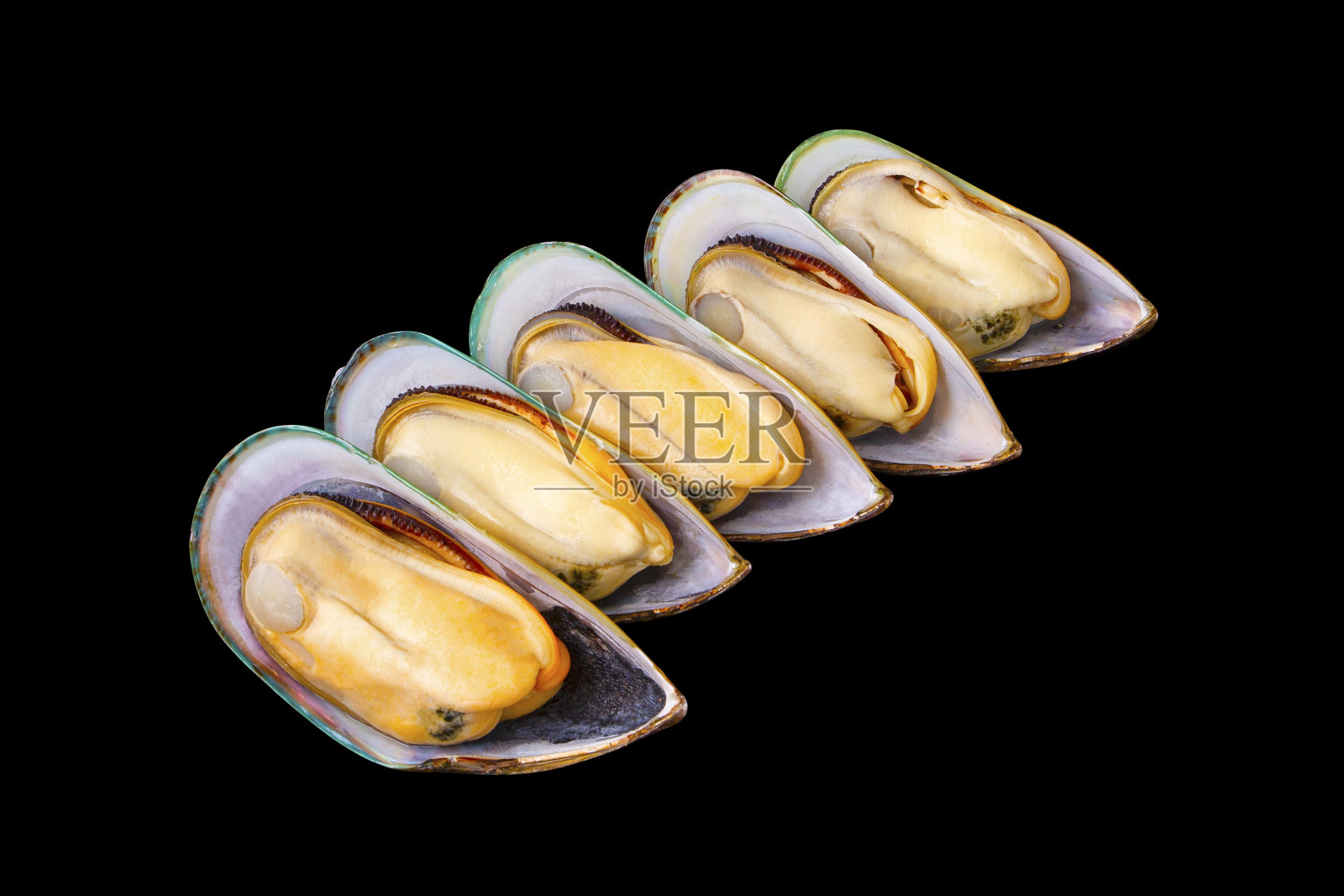 5个新鲜去皮的新西兰贻贝。照片摄影图片