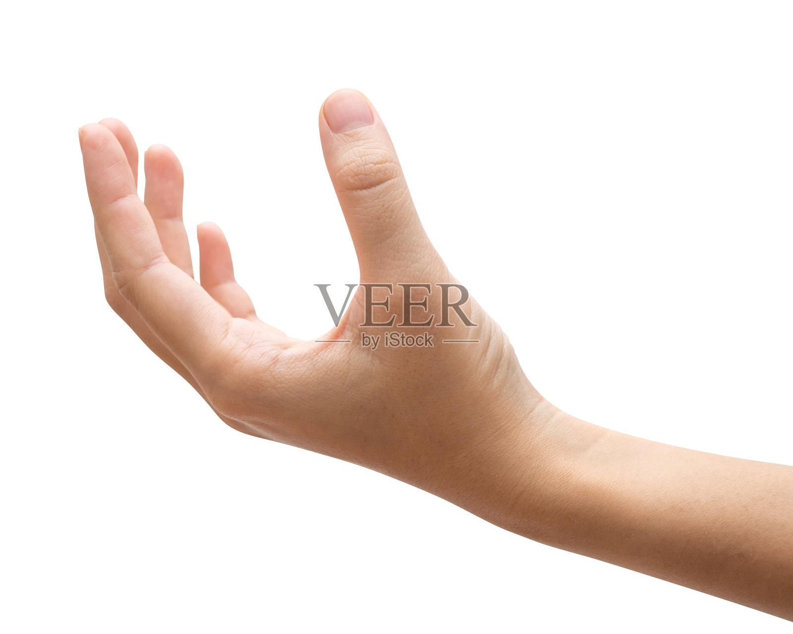 孤立的女人手里拿着瓶子或罐头之类的东西。照片摄影图片