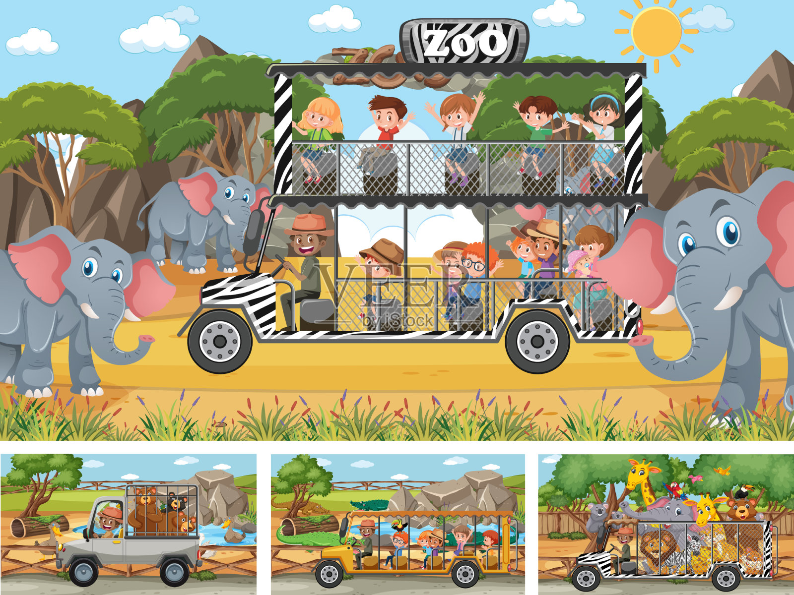 不同的狩猎场景，有动物和孩子插画图片素材