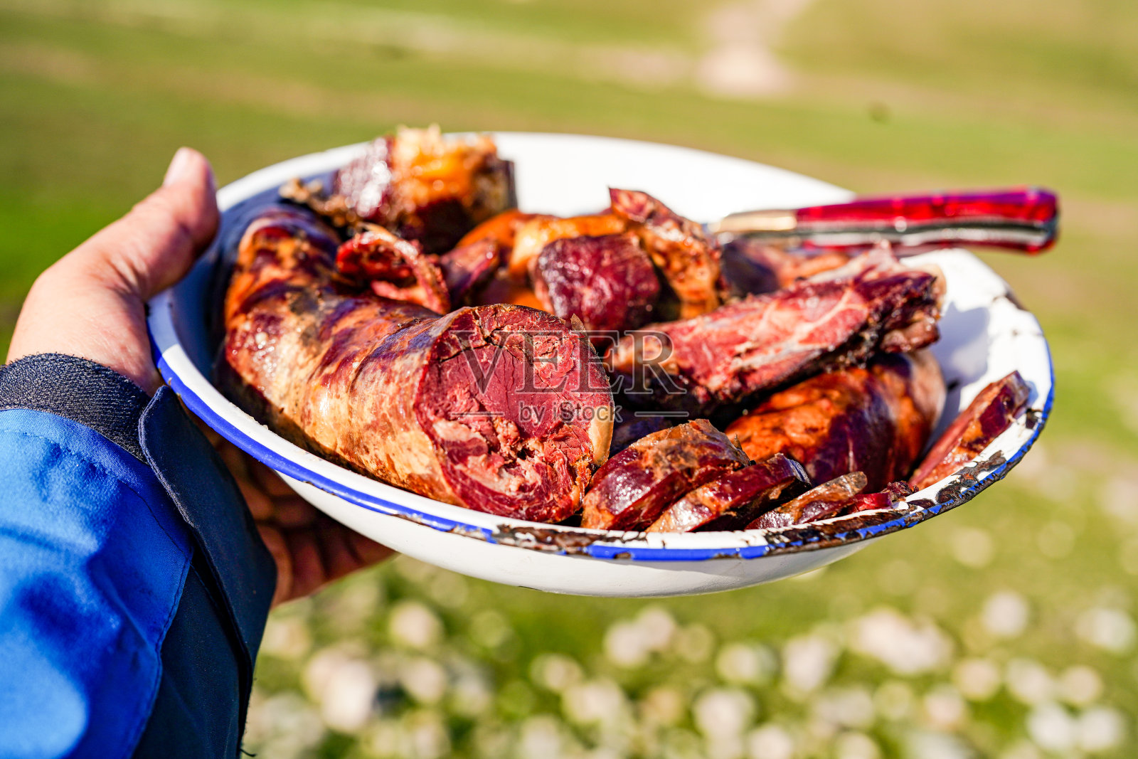 在草原上烹制的马肉和香肠照片摄影图片