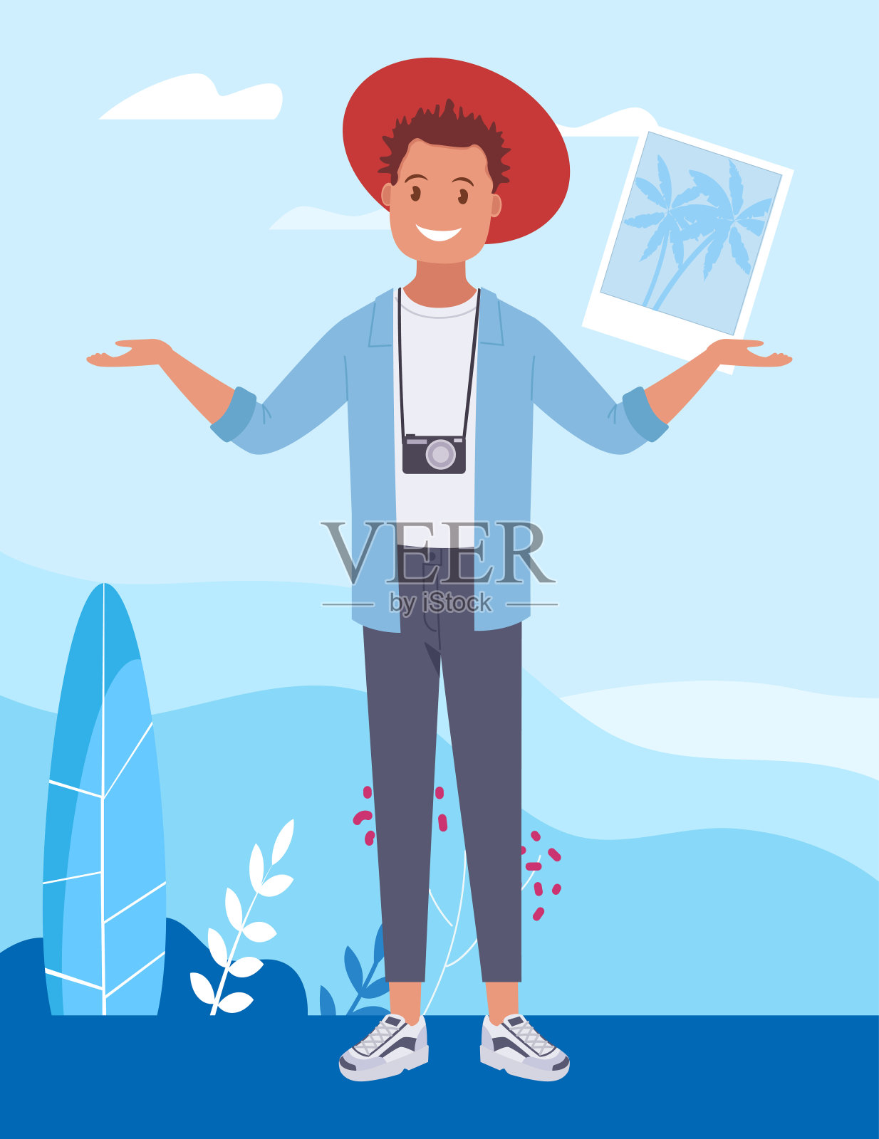 一个男人去一个有棕榈树的热带岛屿旅行。矢量插图。插画图片素材