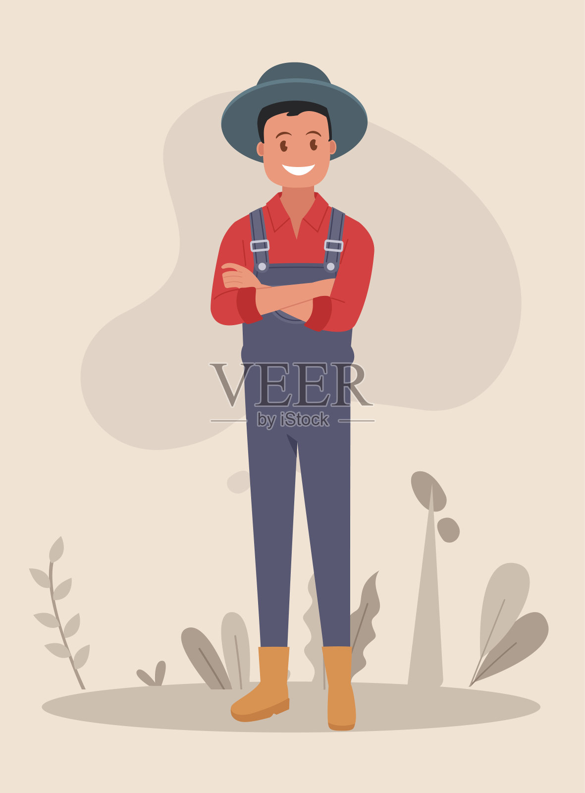 男农民双手合十站在卡通矢量插图插画图片素材