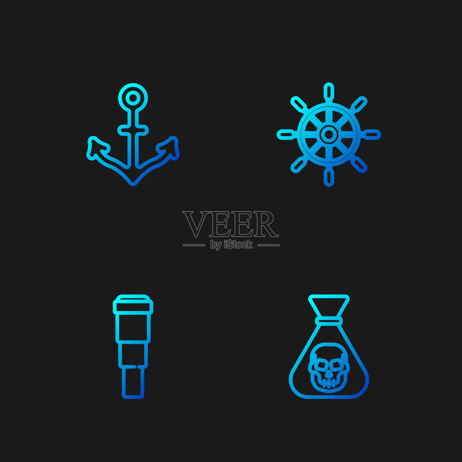 设置线海盗硬币望远镜望远镜镜头图标素材