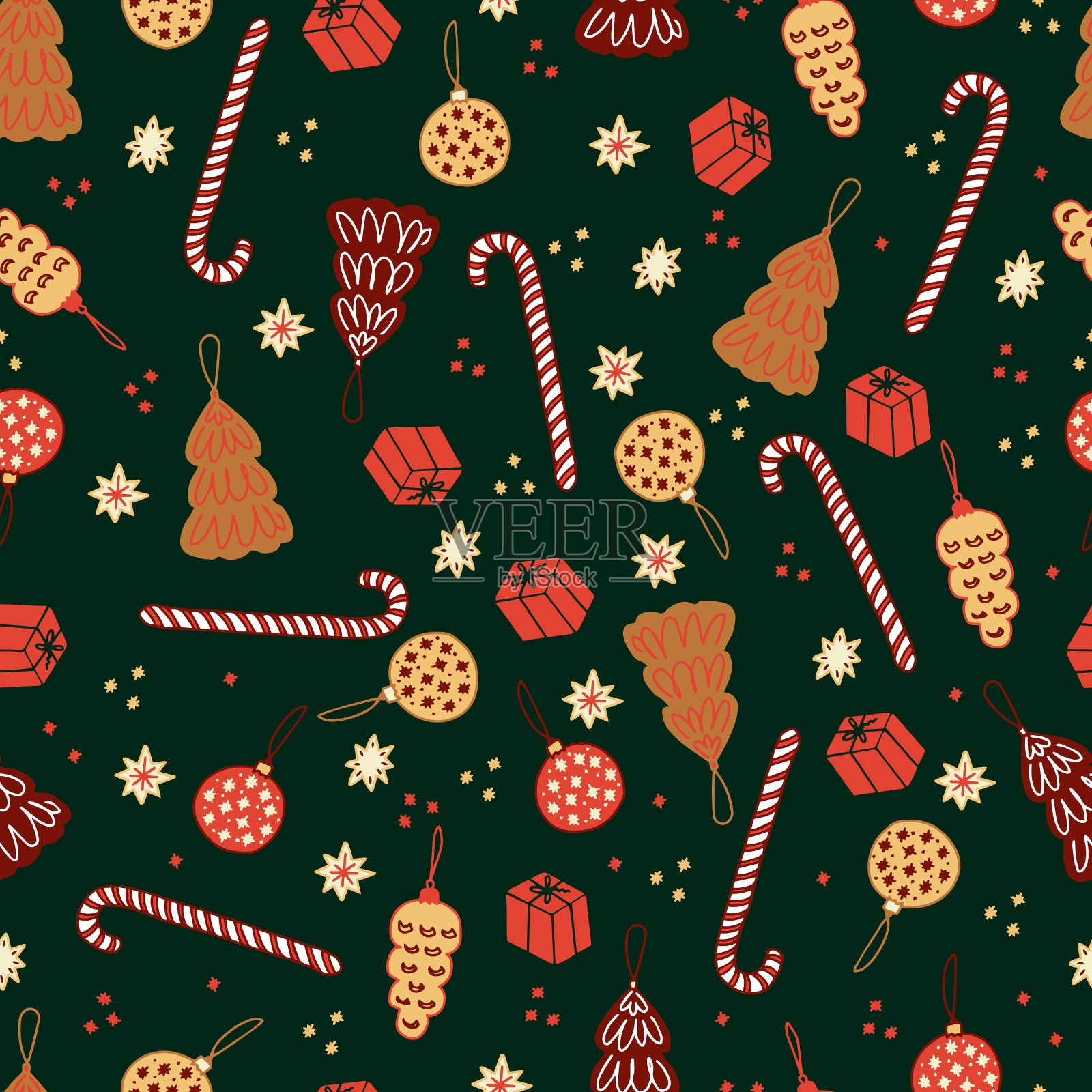 圣诞姜饼曲奇饼和糕点形式的冷杉树和圣诞球条纹棒棒糖手杖和星星矢量无缝模式。孤立的糖果迎接新年。冬天的背景插画图片素材