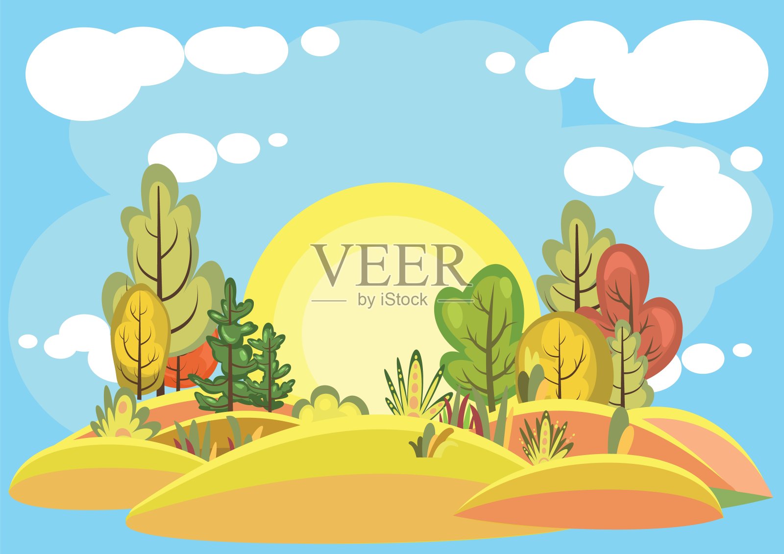 平的秋天的森林。美丽的风景与树木。天空。插图以简单的象征风格。一个有趣的场景。漫画卡通设计。国家野生植物。向量插画图片素材