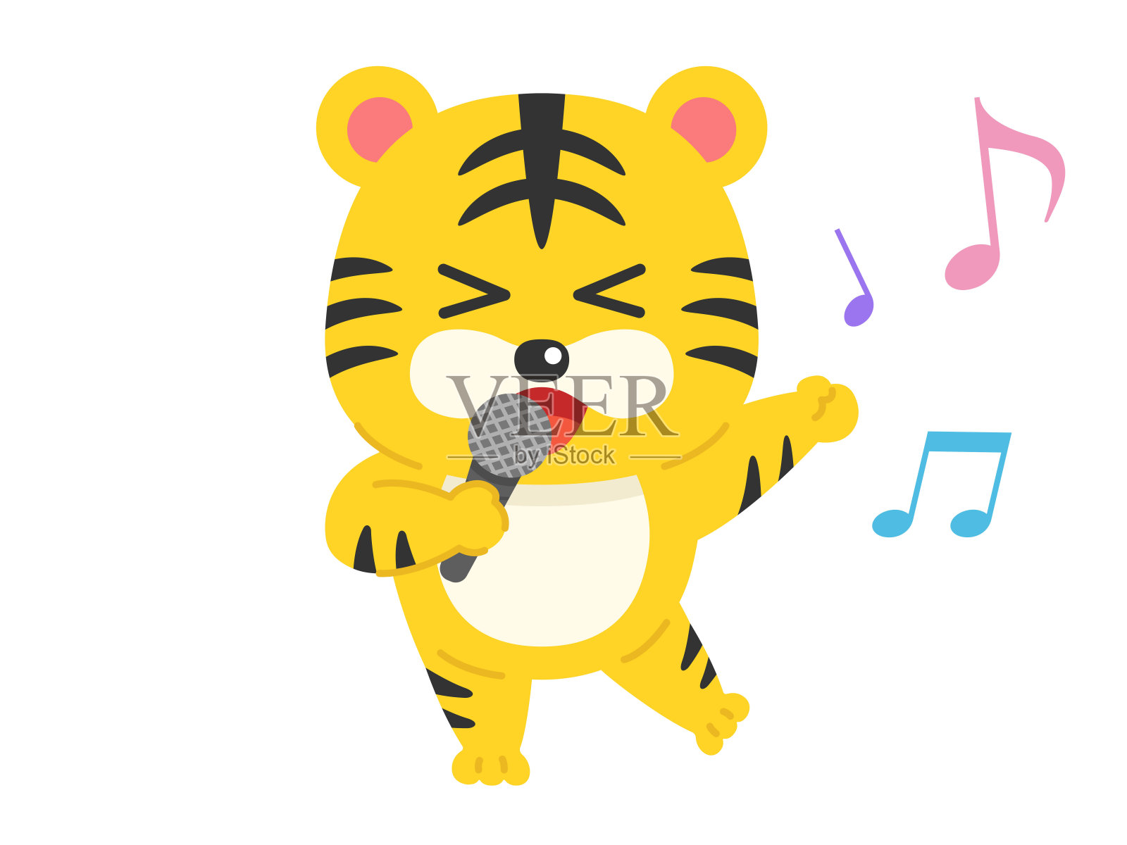 插图的老虎字符唱歌与麦克风在卡拉ok。插画图片素材