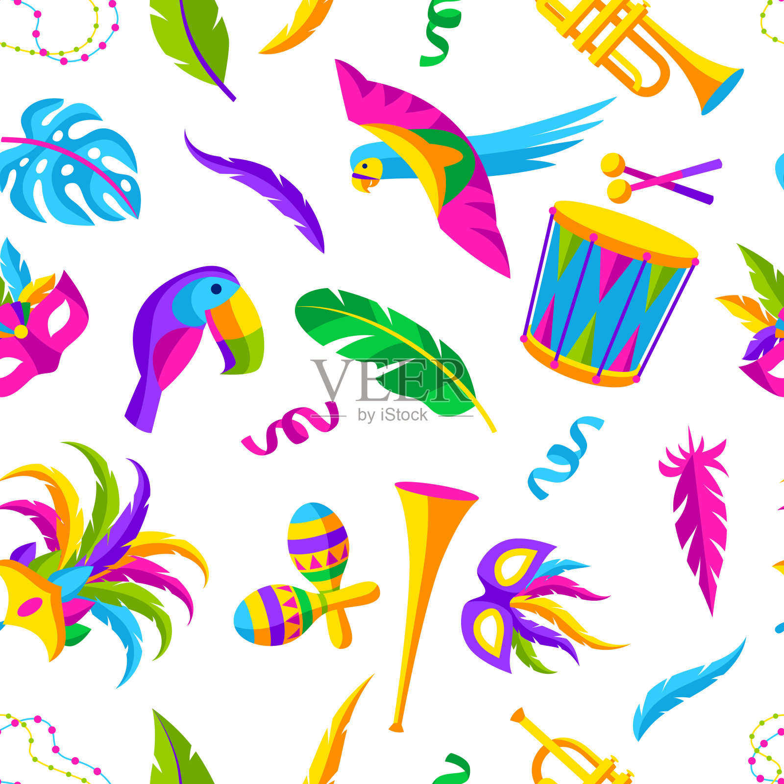 狂欢节派对无缝模式与庆祝图标，物品和装饰。传统节日Mardi Gras背景。插画图片素材