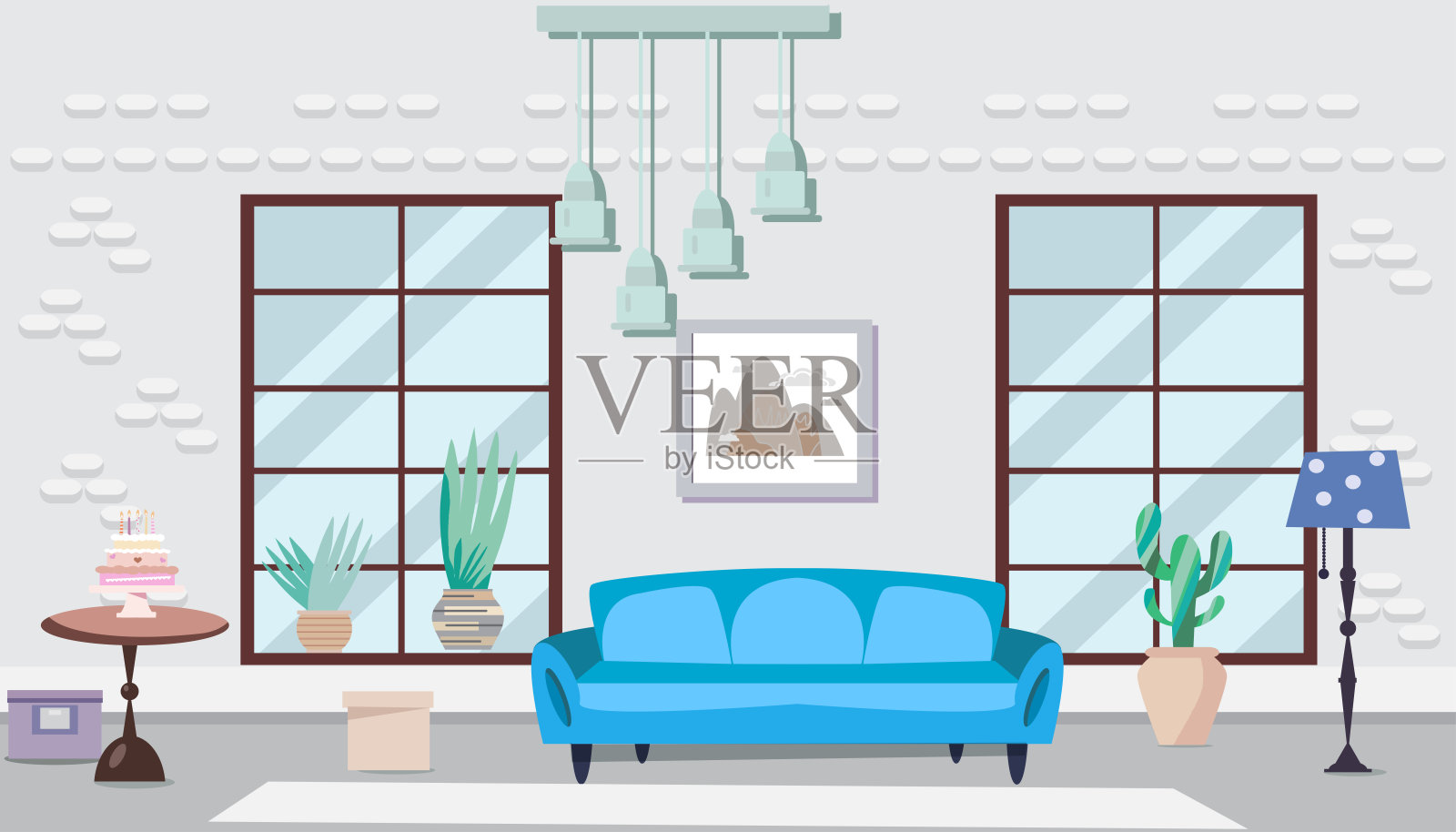 舒适的室内装饰着鲜花。客厅里有家具。家居现代公寓设计。插画图片素材