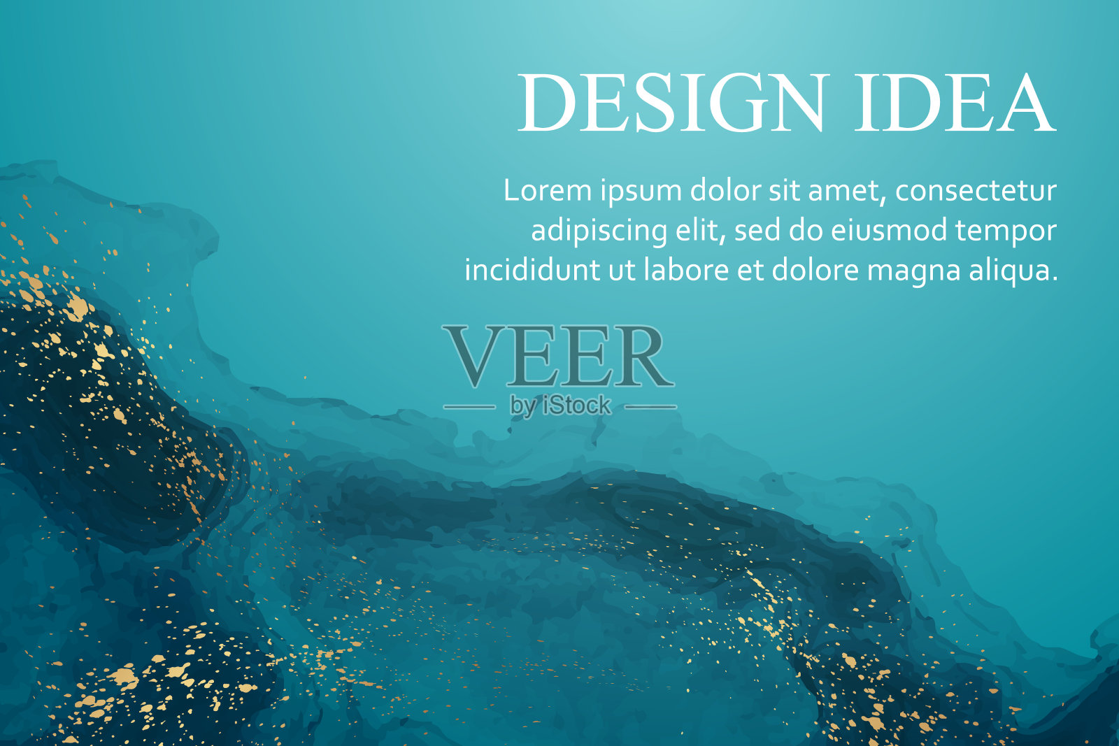 水彩背景与抽象的蓝色墨水波浪和金色飞溅。插画图片素材