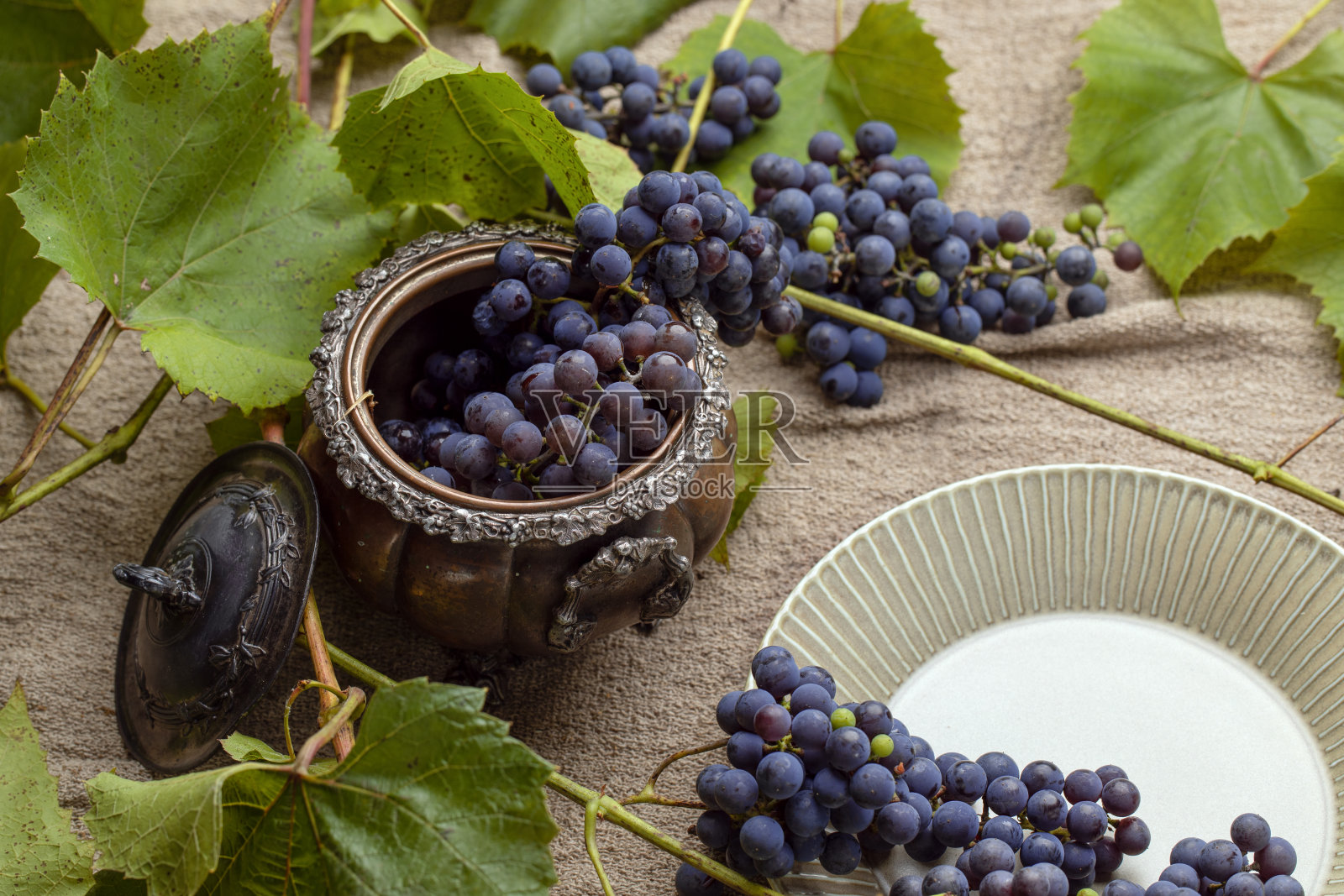 一串串不完美的蓝色花园葡萄和叶子在古董银花瓶照片摄影图片