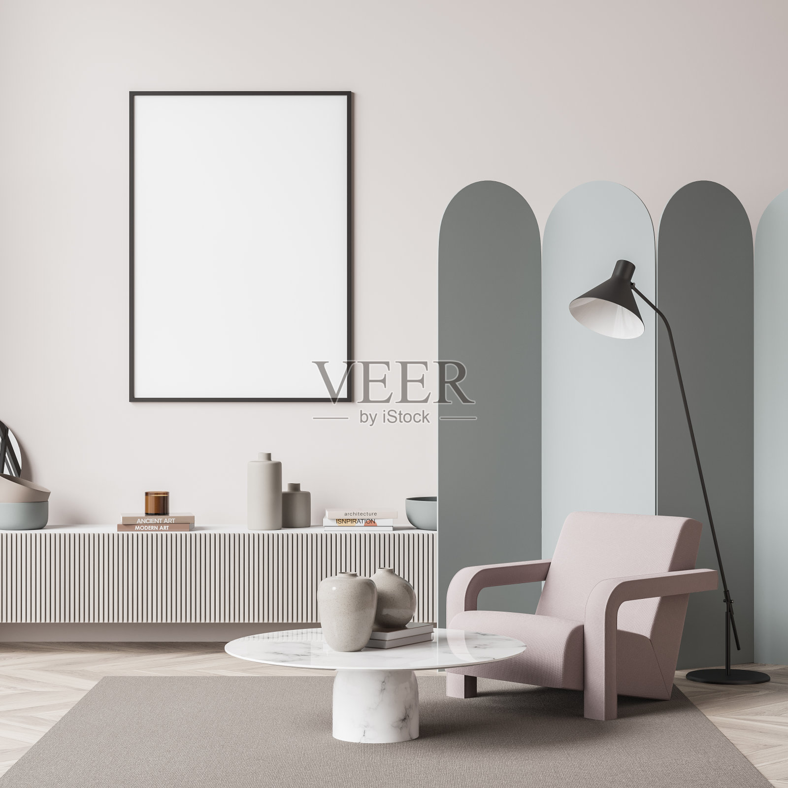 客厅内部有白色的空海报，粉红色的扶手椅照片摄影图片