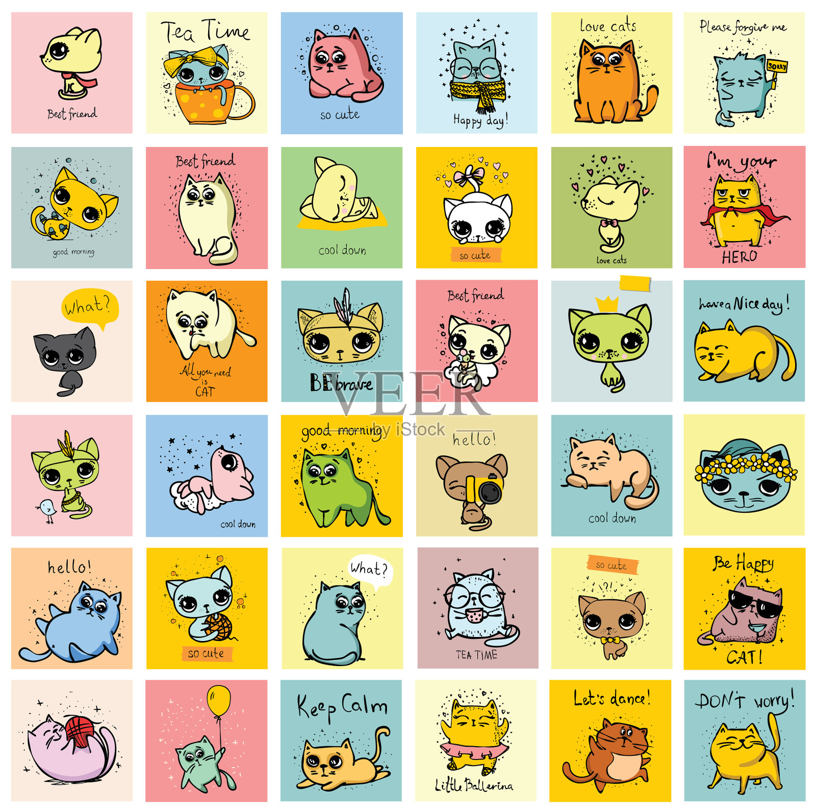 可爱的猫或小猫的卡通宠物插画图片素材