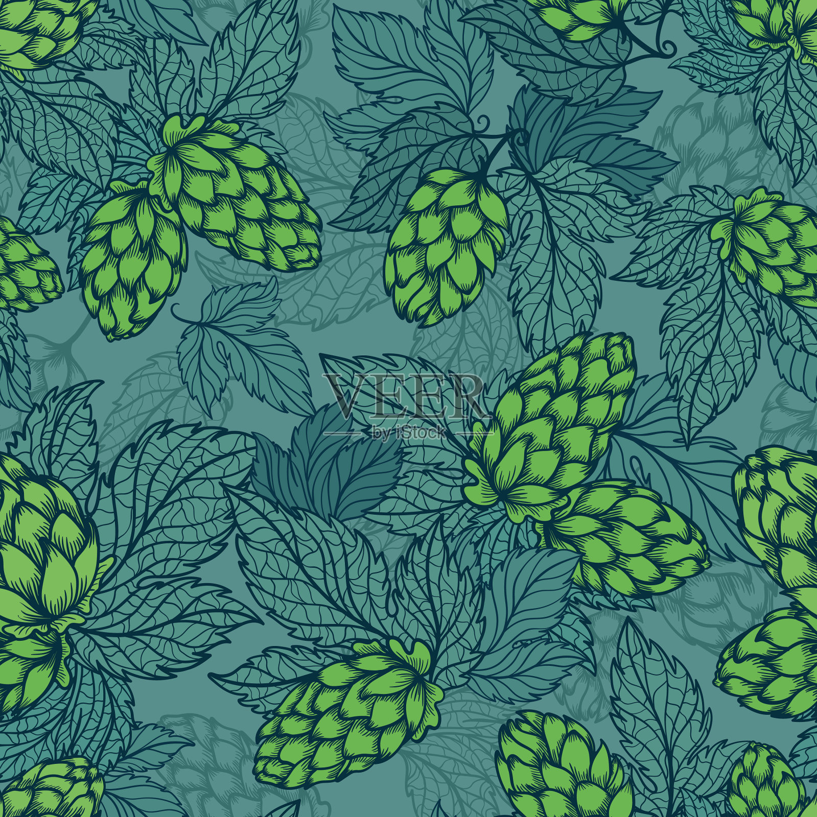 绿松石啤酒花植物素描无缝插画图片素材