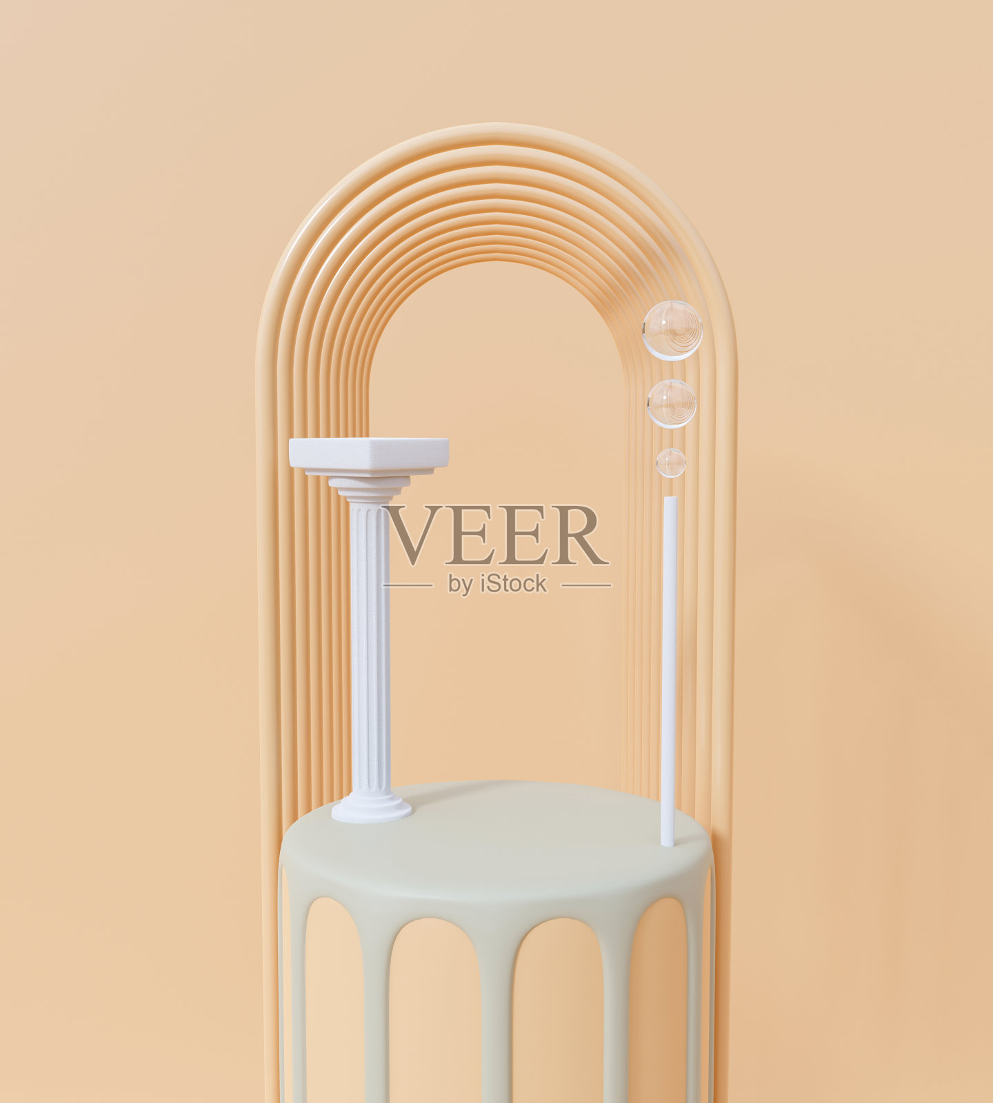 基座3d渲染插图柱子在米色背景。空白展台展示，演播室的空白舞台设计。模拟餐桌销售横幅与大地色调的颜色。照片摄影图片